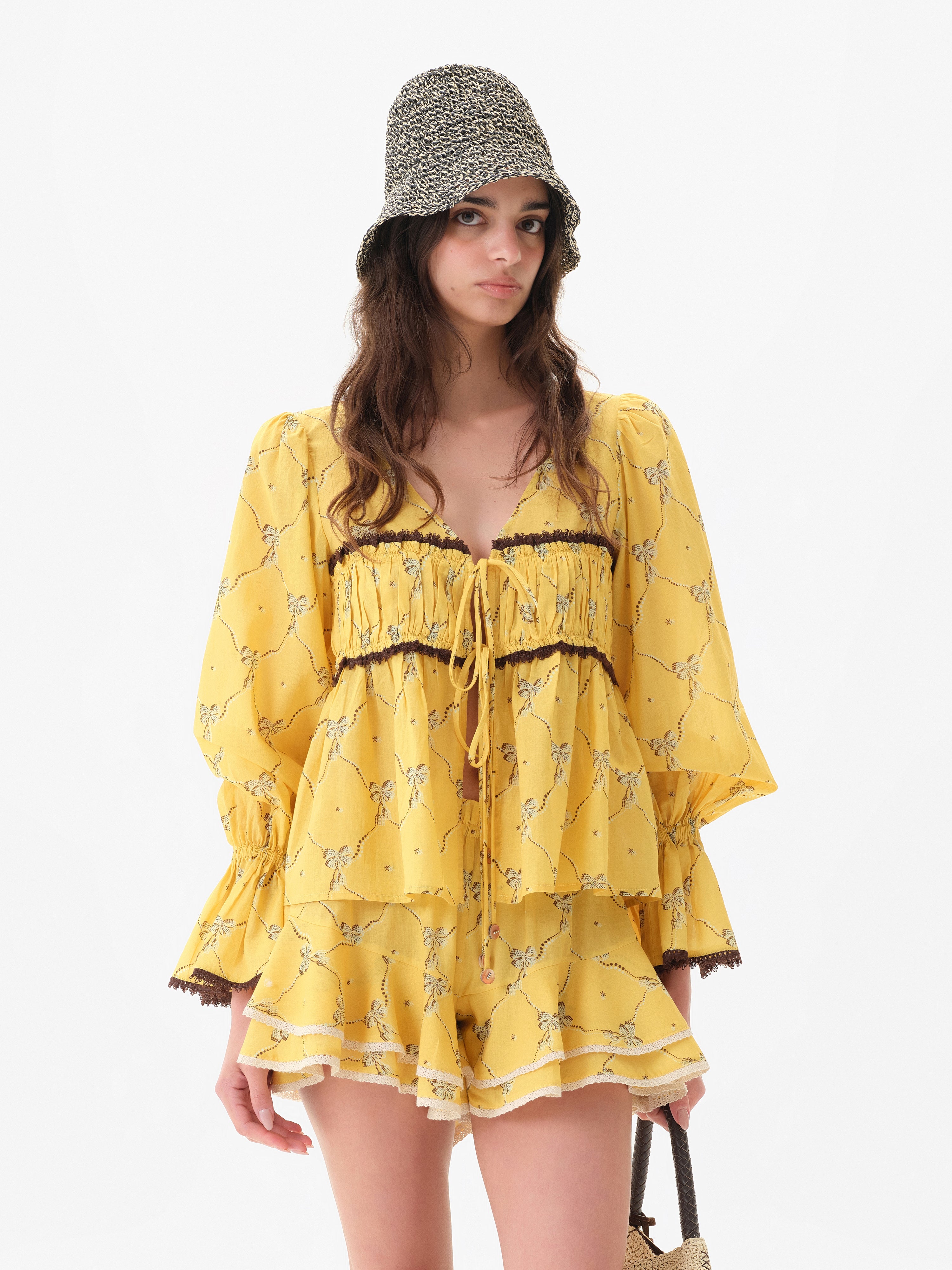 RIBY - Yellow printed flared-sleeve top