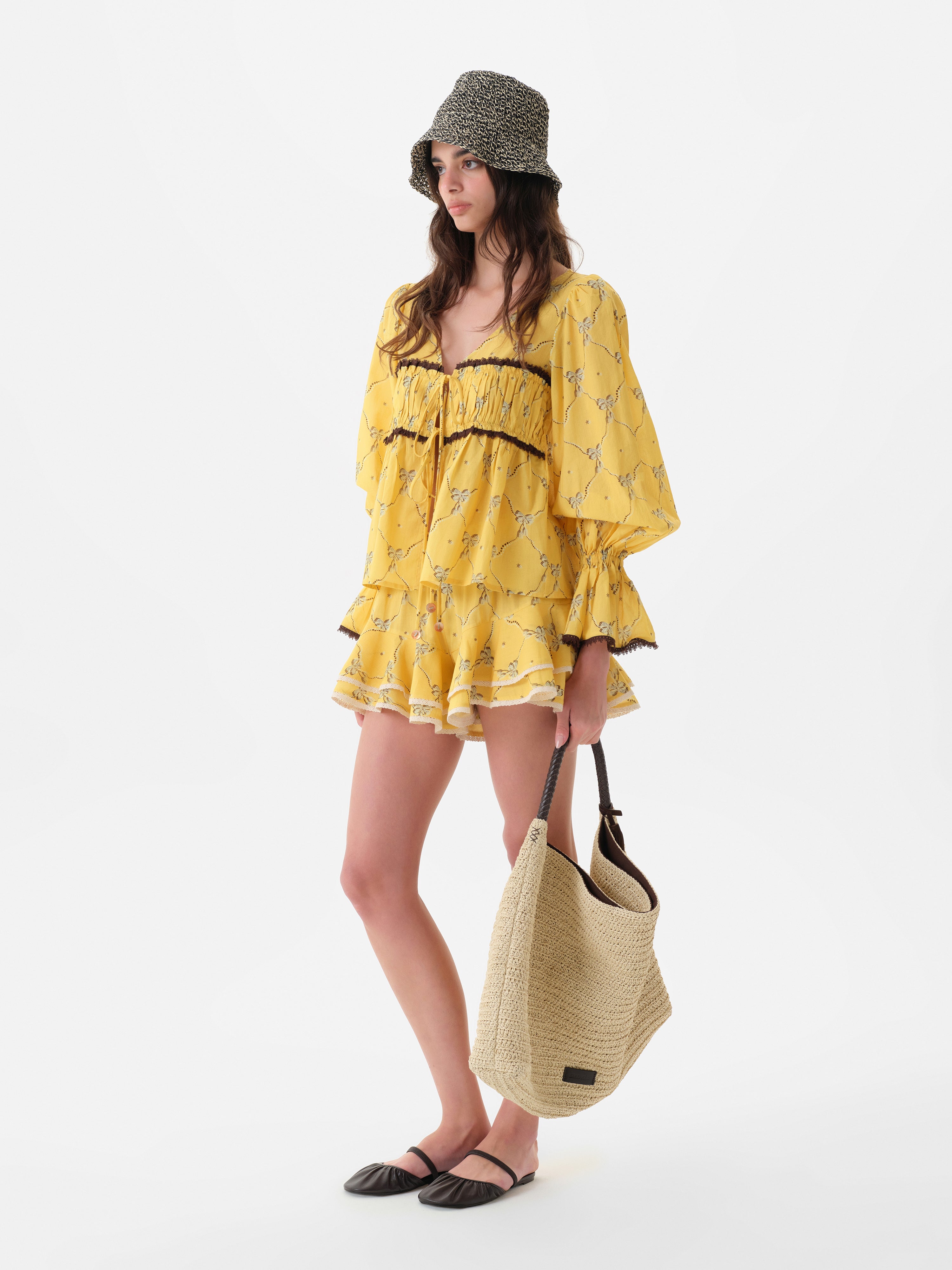 RIBY - Yellow printed flared-sleeve top