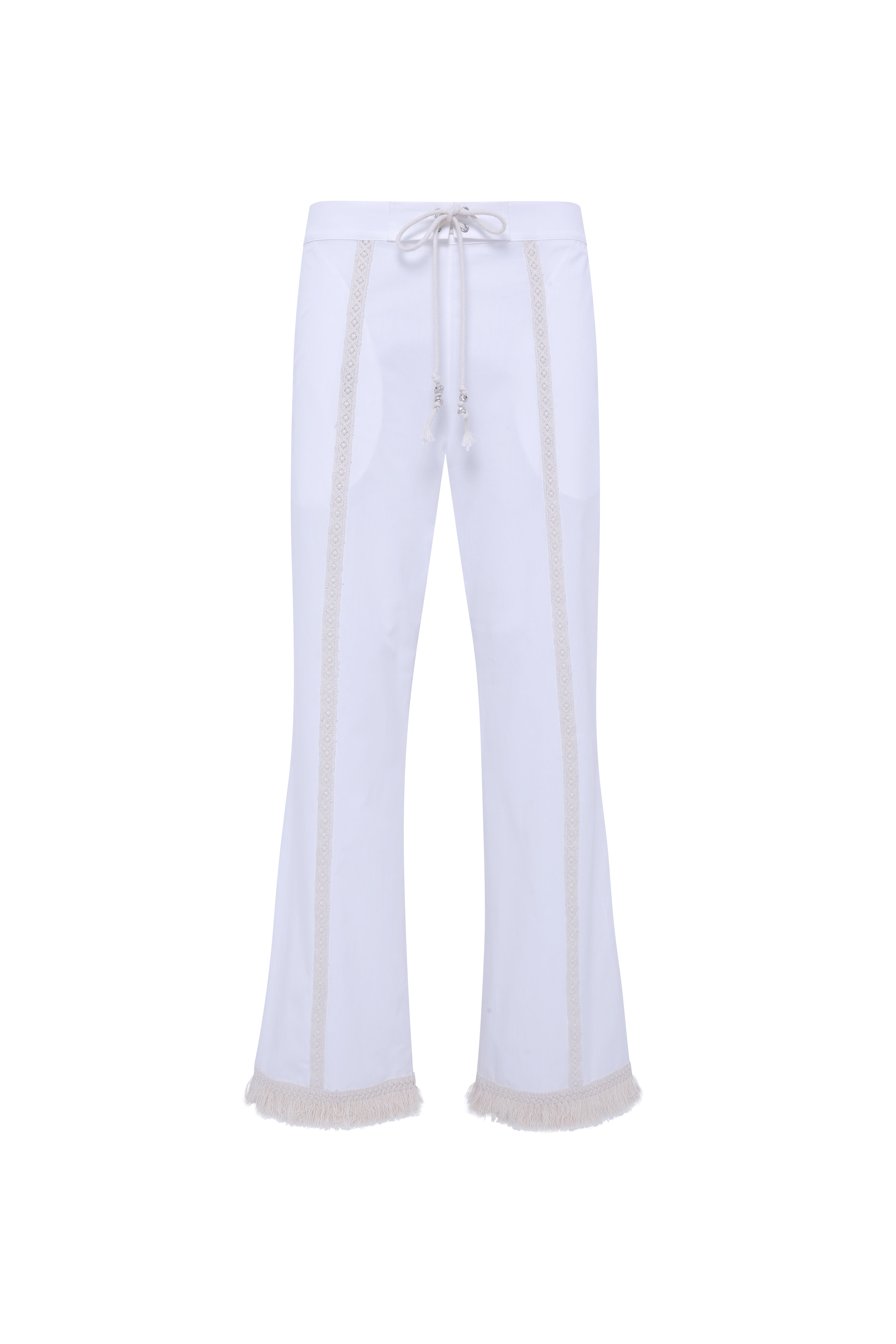 SAVINA - Lace trimmed drawstring cotton pants with fringed hems
