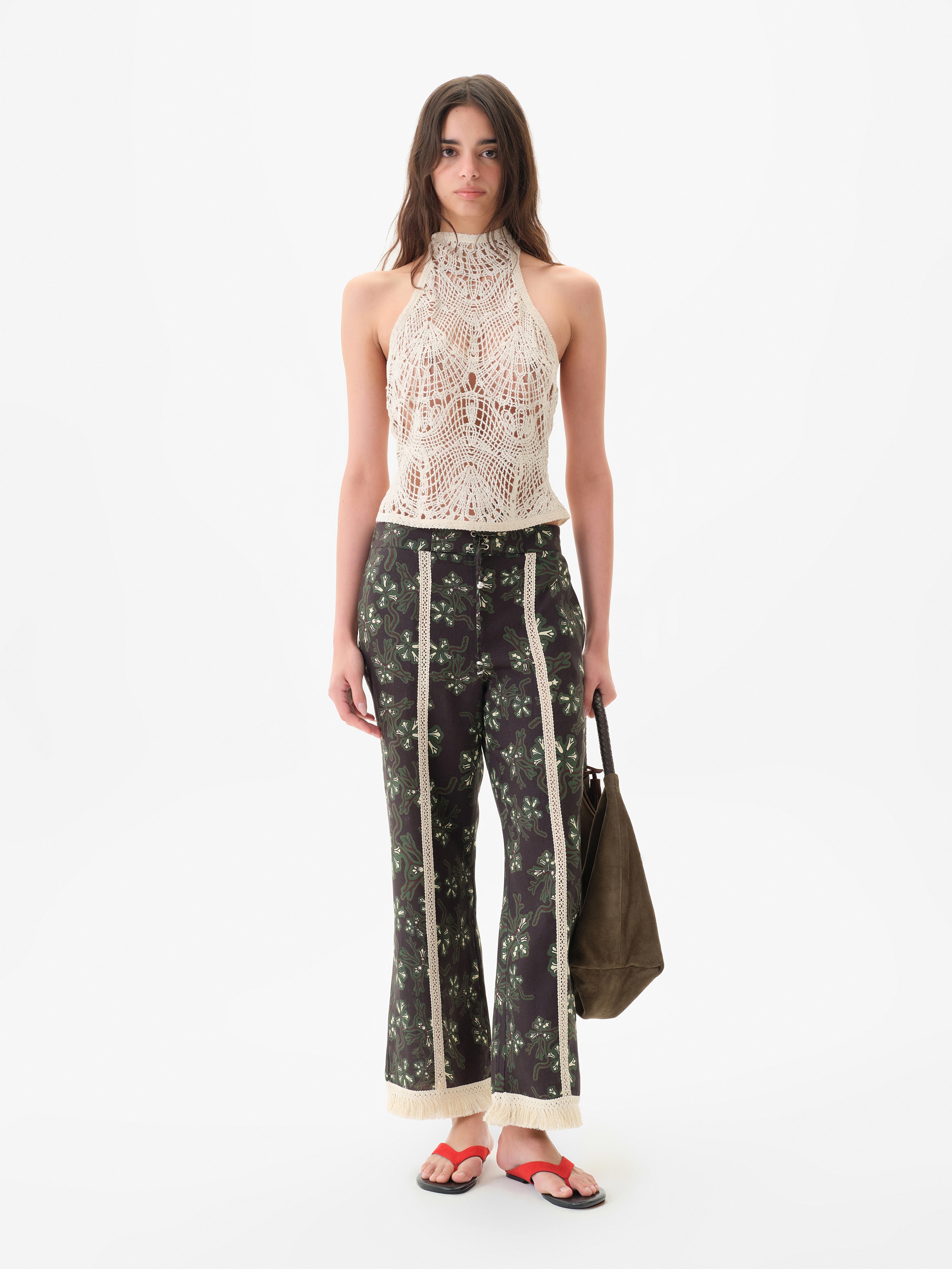 SAVINA - Lace trimmed wide-leg linen pants