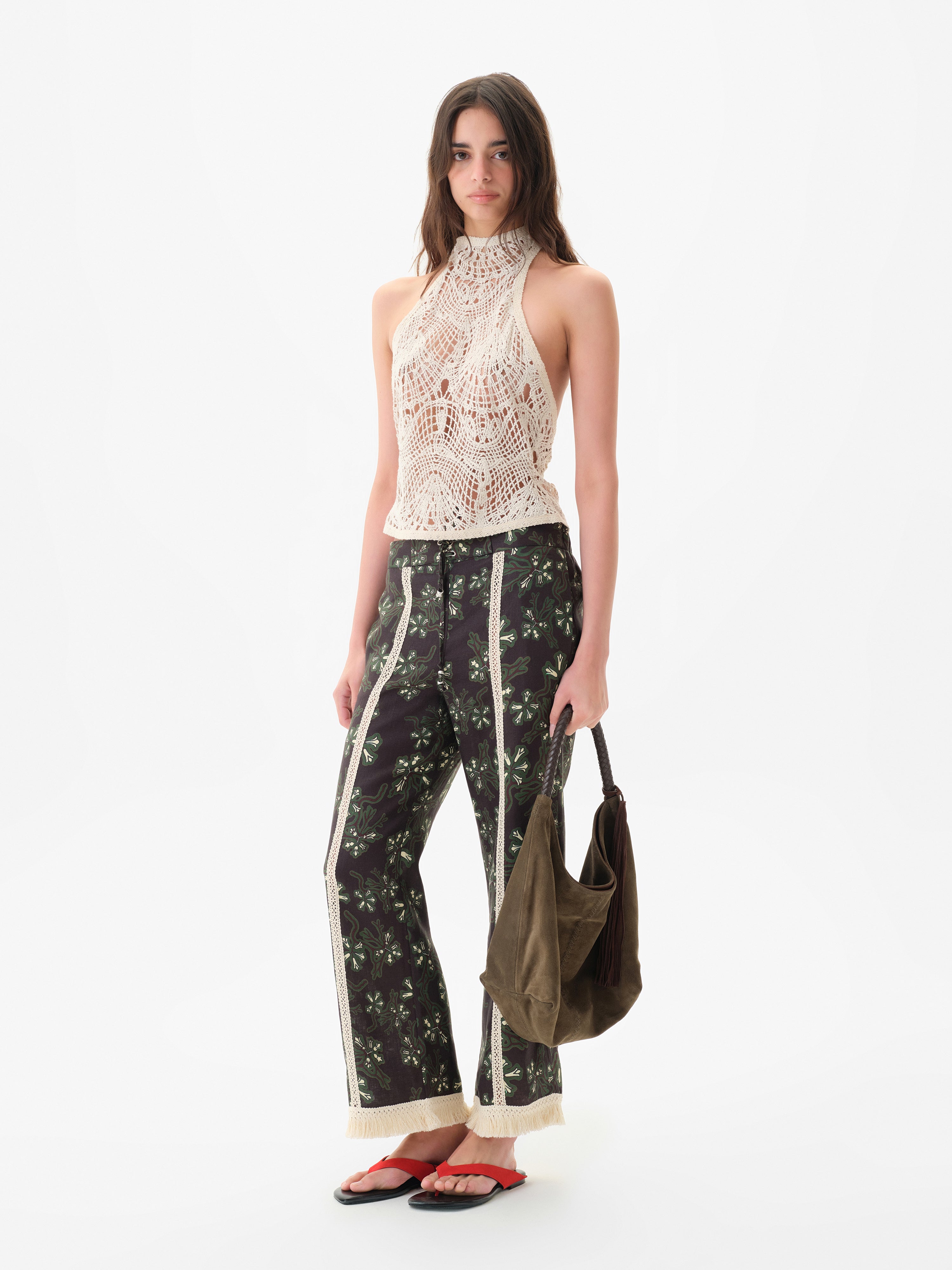 SAVINA - Lace trimmed wide-leg linen pants