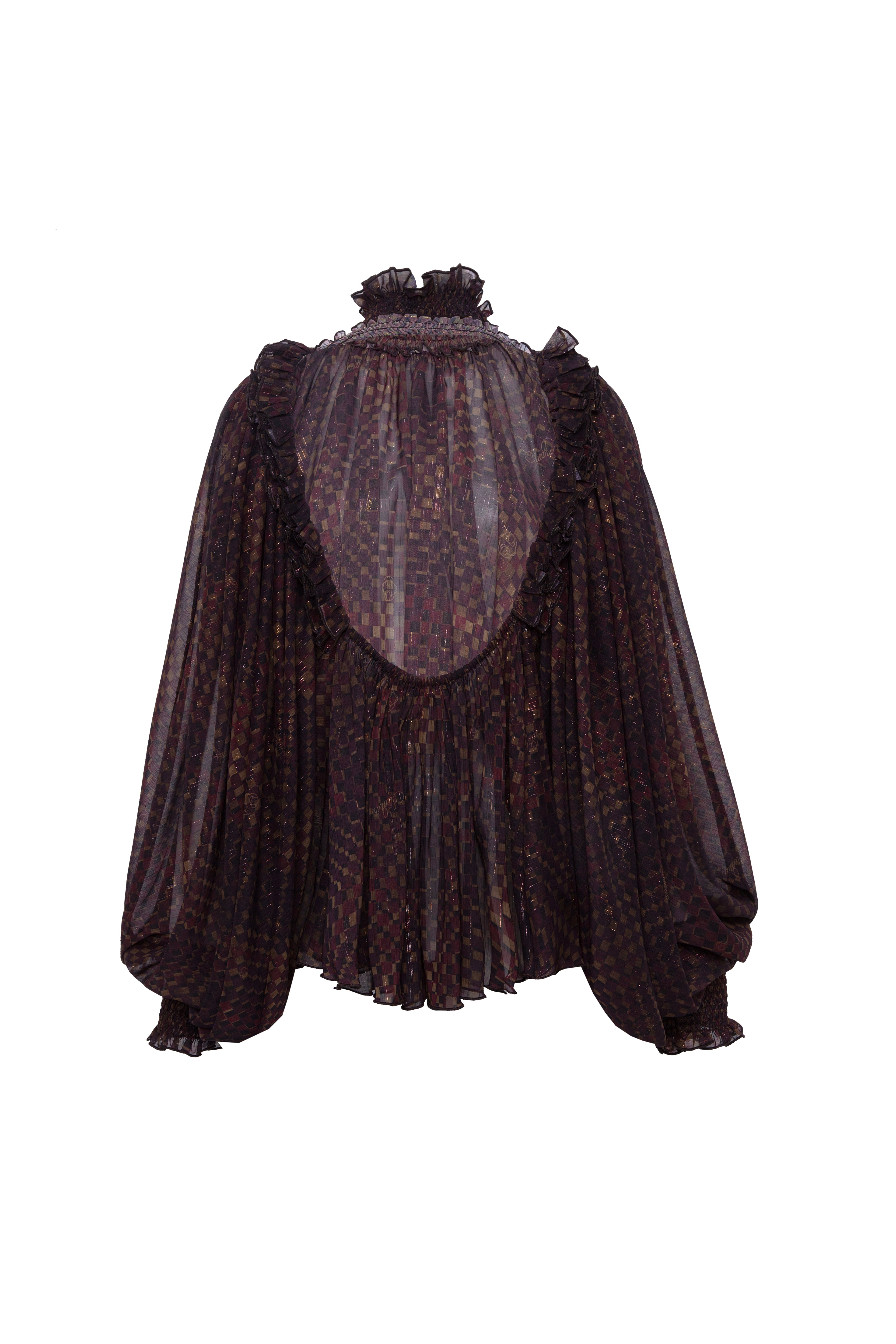 SERENA - Printed sheer long-sleeve blouse with open-back design