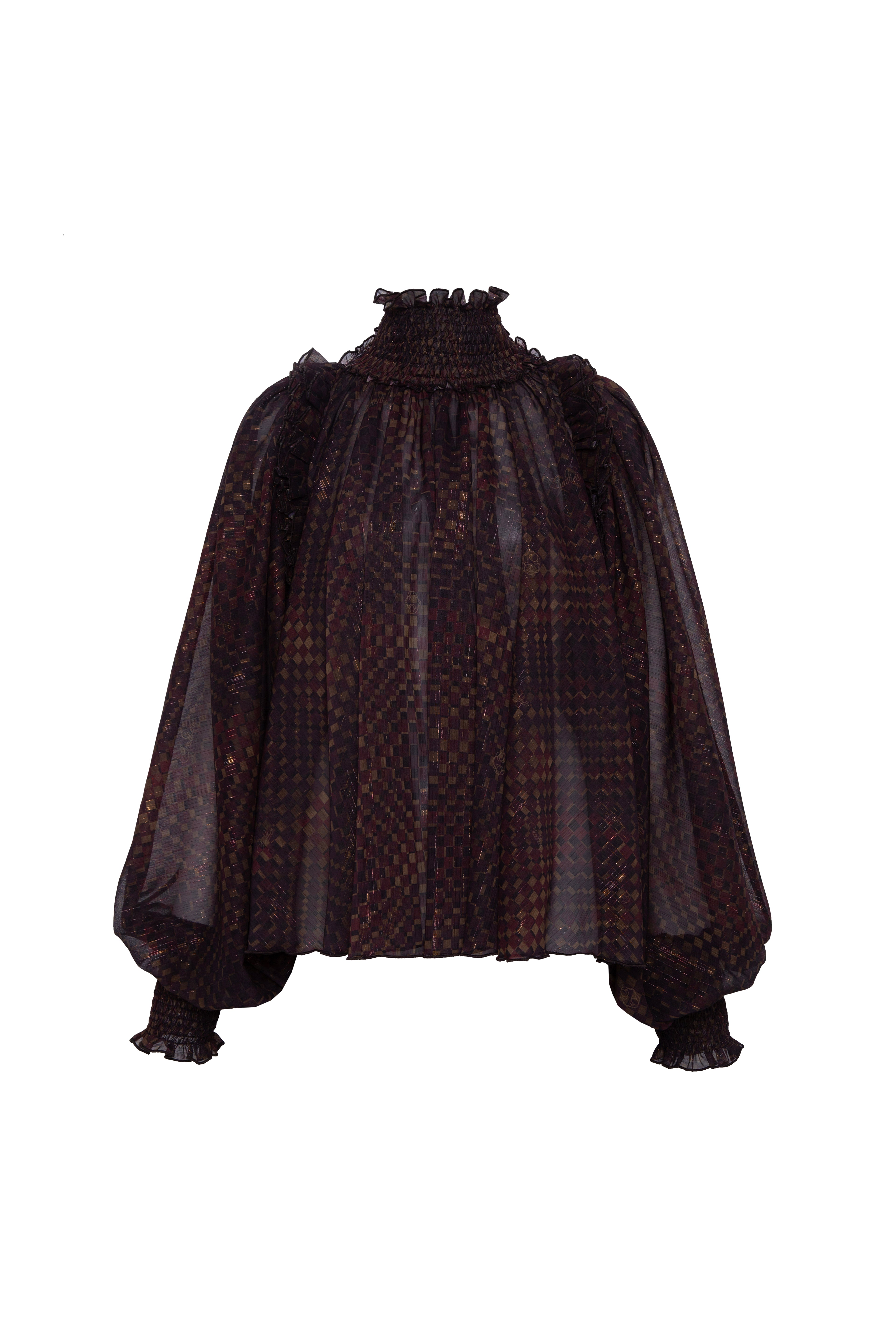 SERENA - Printed sheer long-sleeve blouse with open-back design