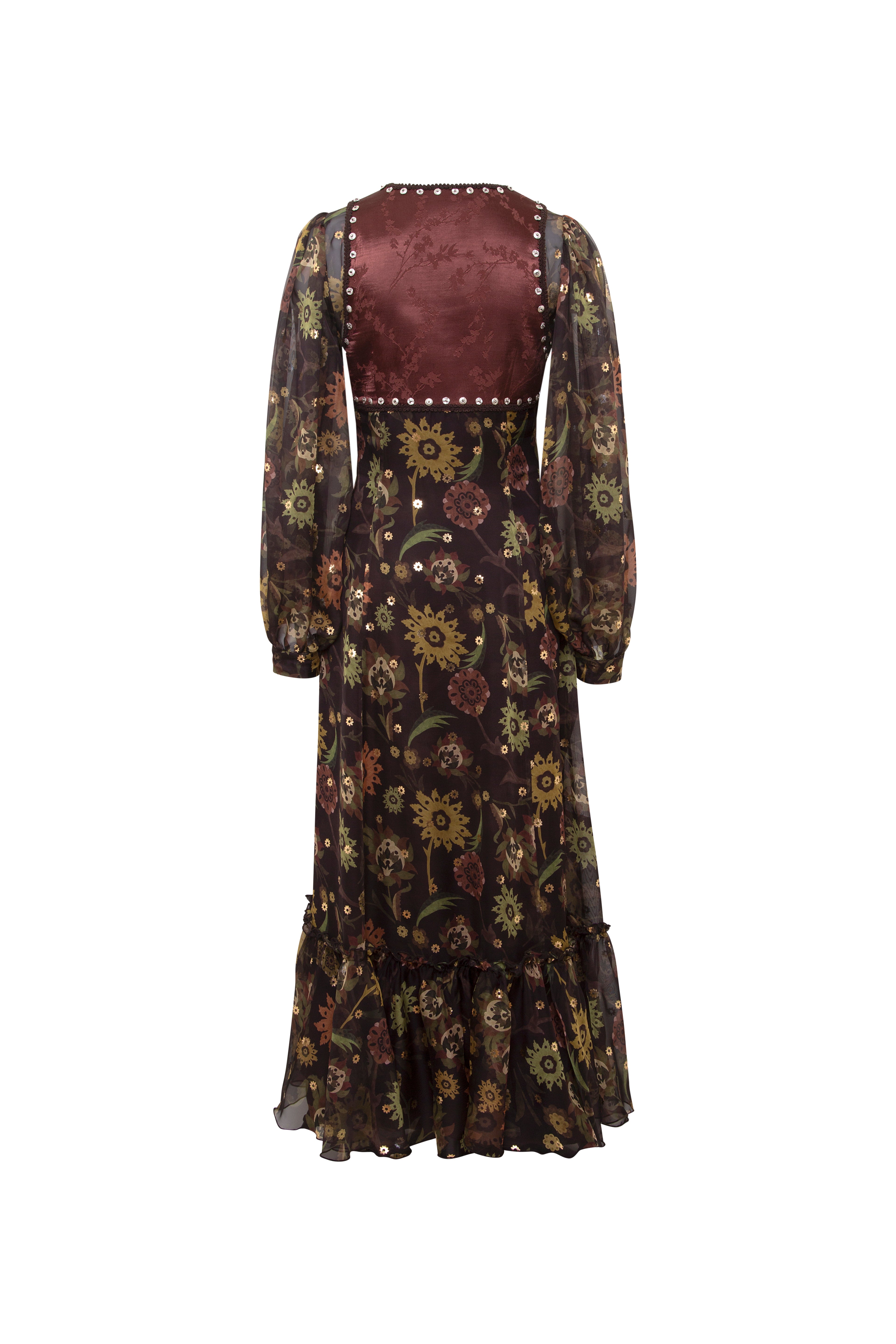 SERICA - Maxi dress with gold detailing and ruffled hem