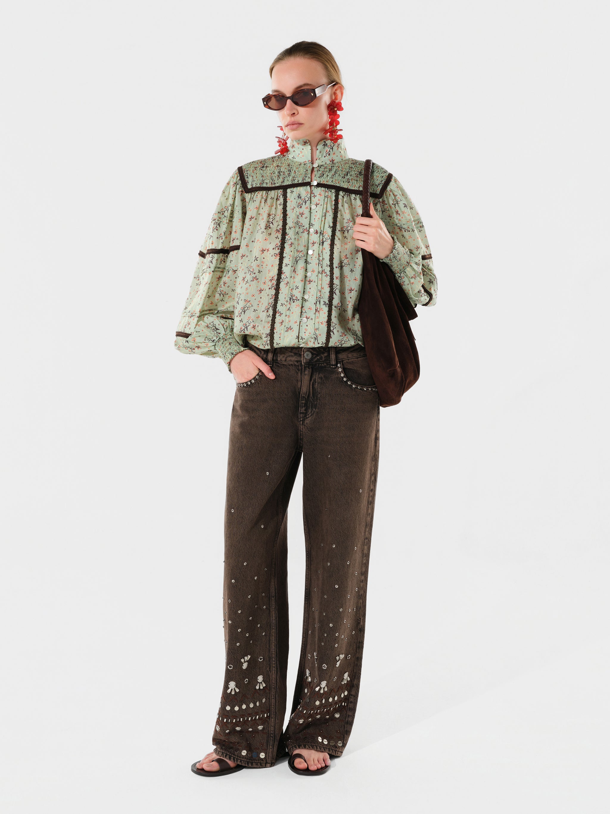 AMALIA - Floral printed cotton blouse with lace trim