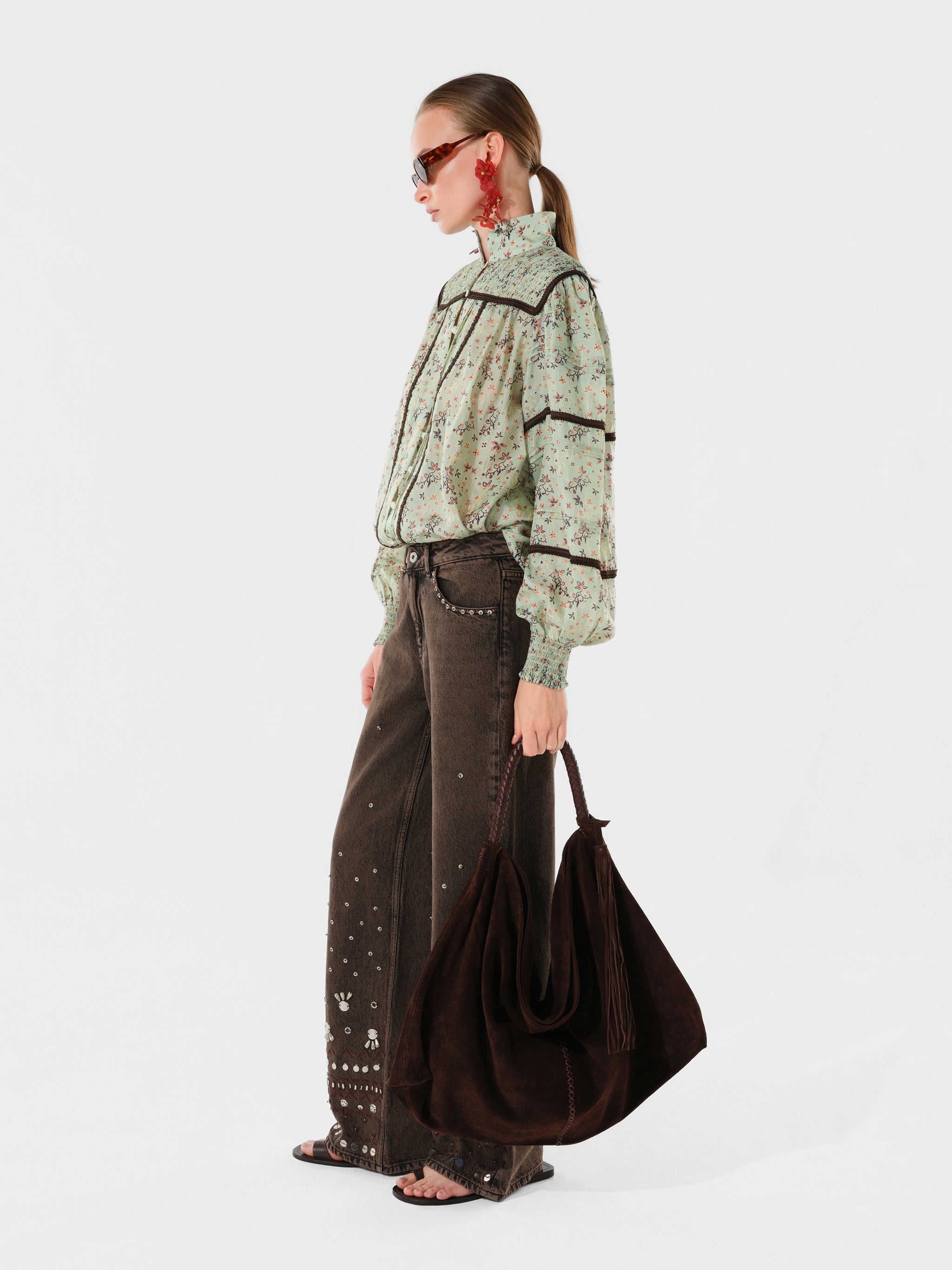 AMALIA - Floral printed cotton blouse with lace trim
