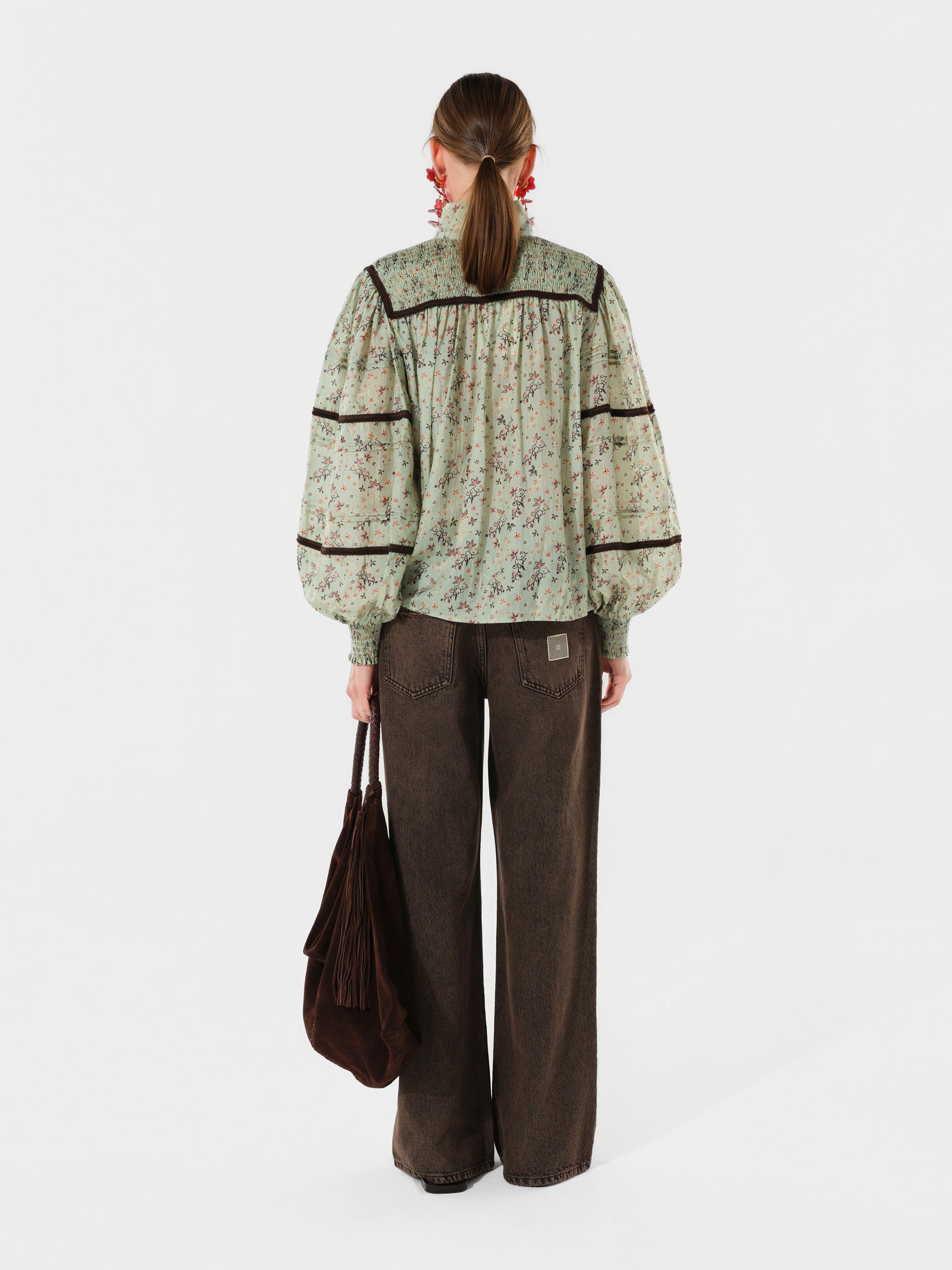 AMALIA - Floral printed cotton blouse with lace trim