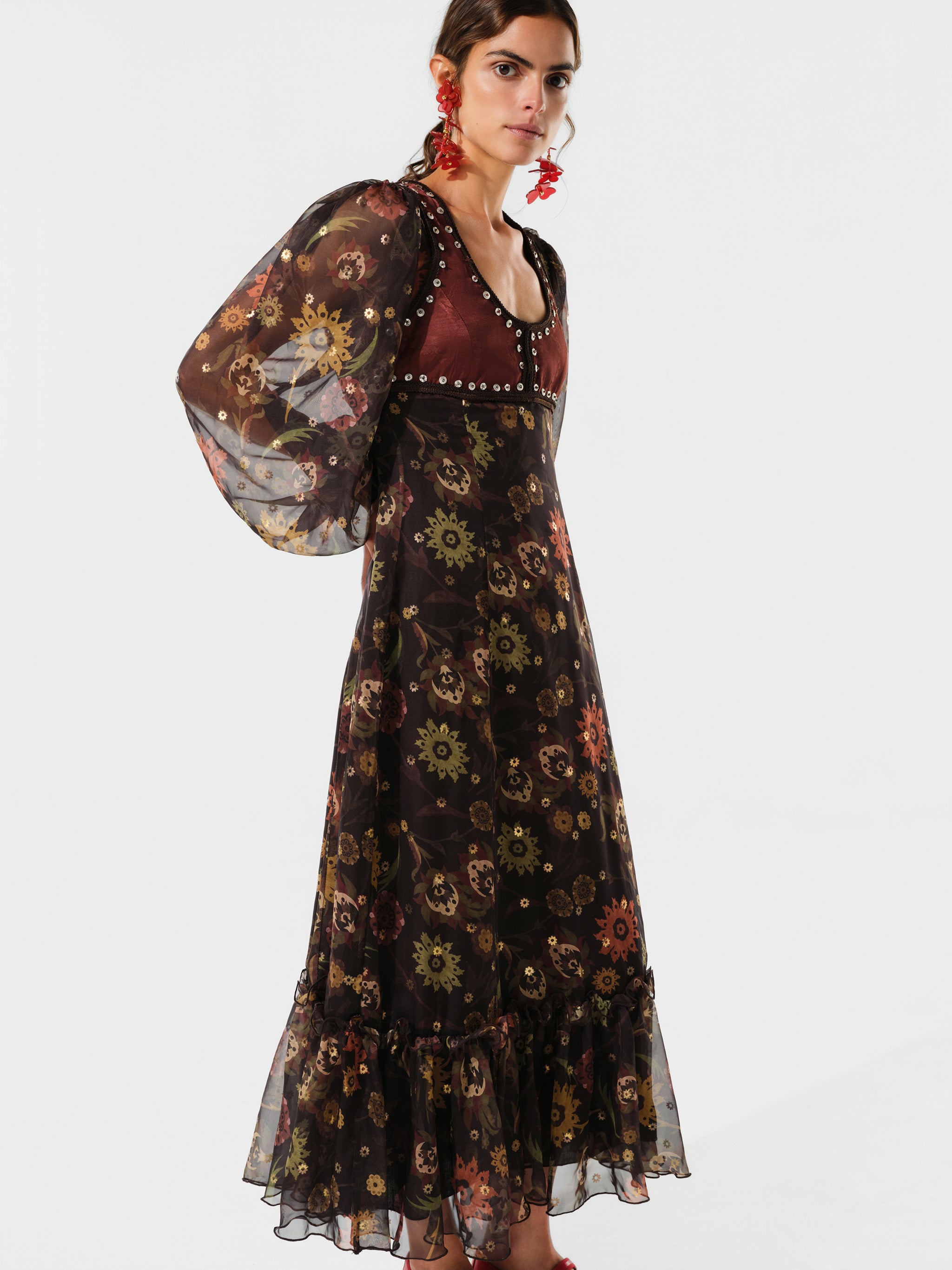 SERICA - Maxi dress with gold detailing and ruffled hem