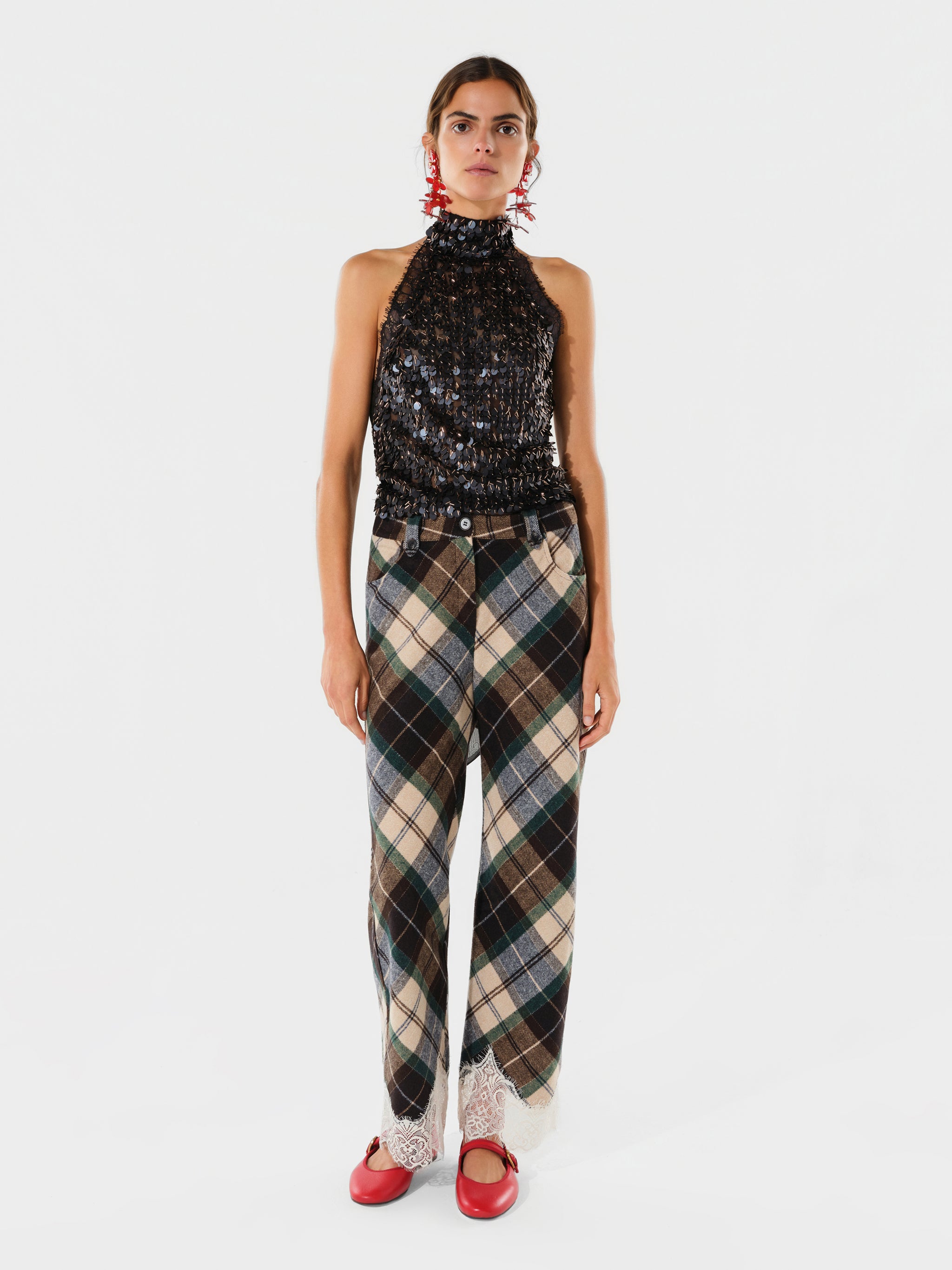 VIVIENNE - Wool blend pants with lace-trimmed hem