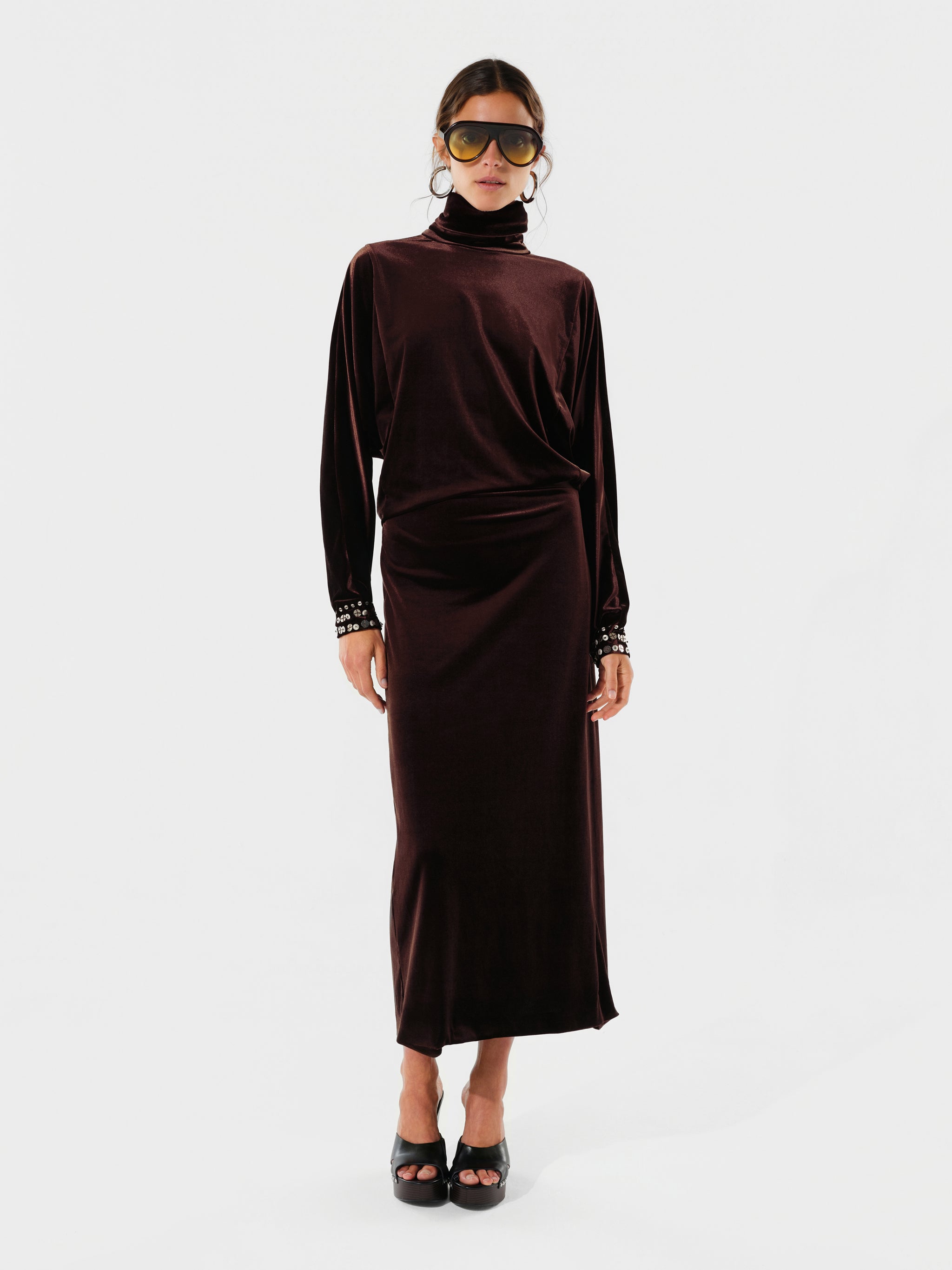 ANETTE - Draped velvet maxi dress with cape collar