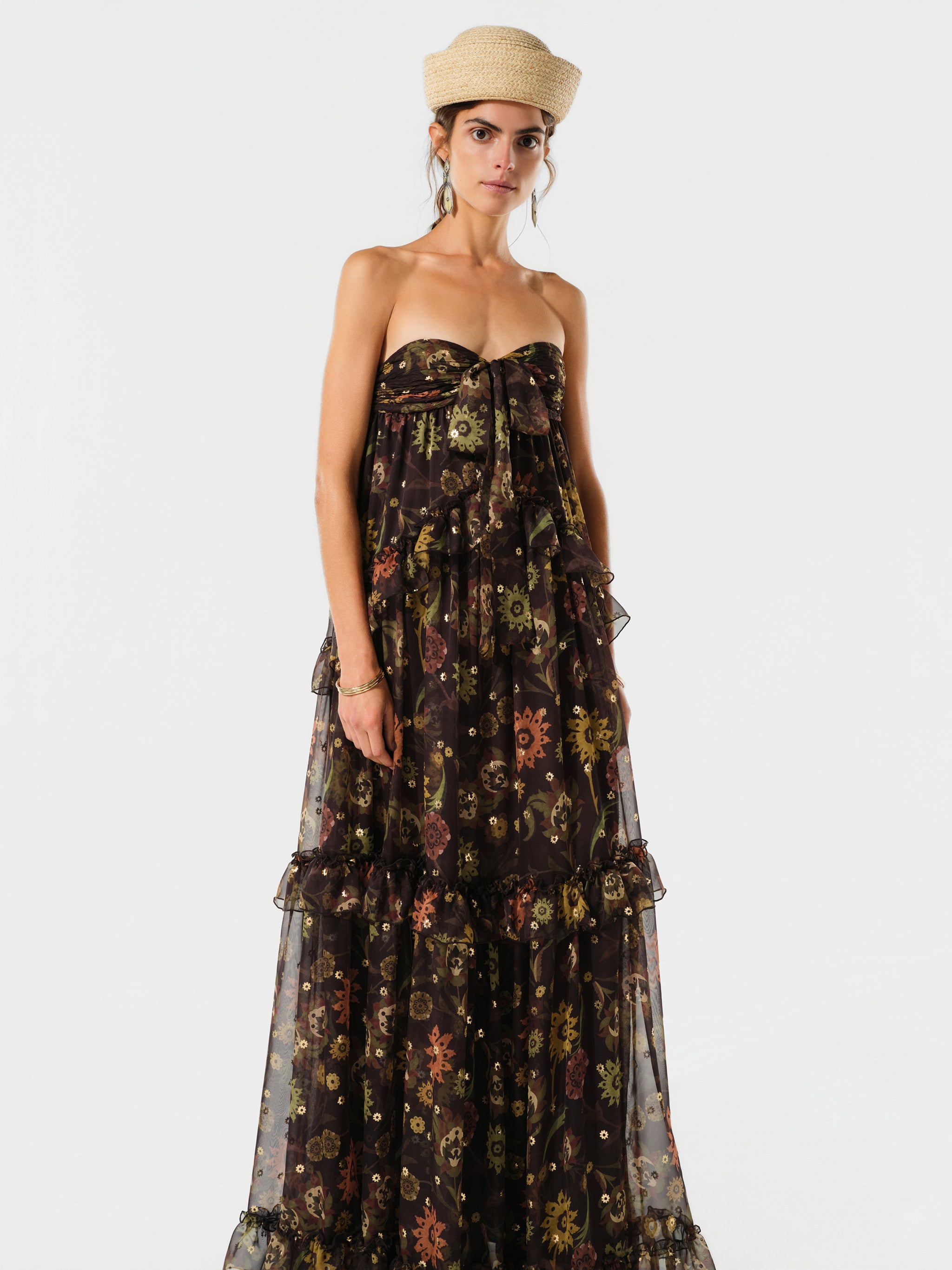 JOSIANE - Strapless sheer ruffled maxi dress