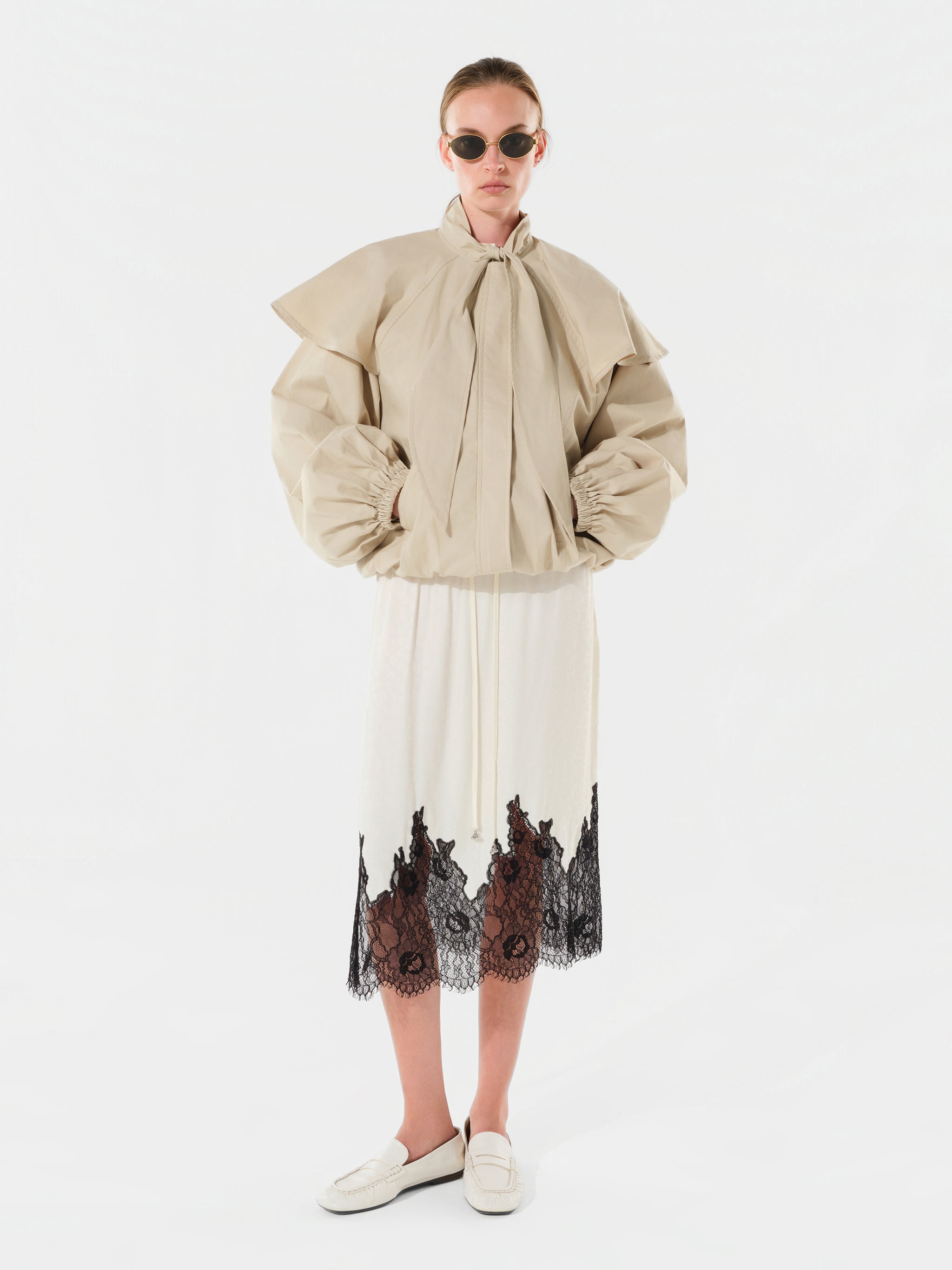 NELL - Satin lace trimmed midi skirt