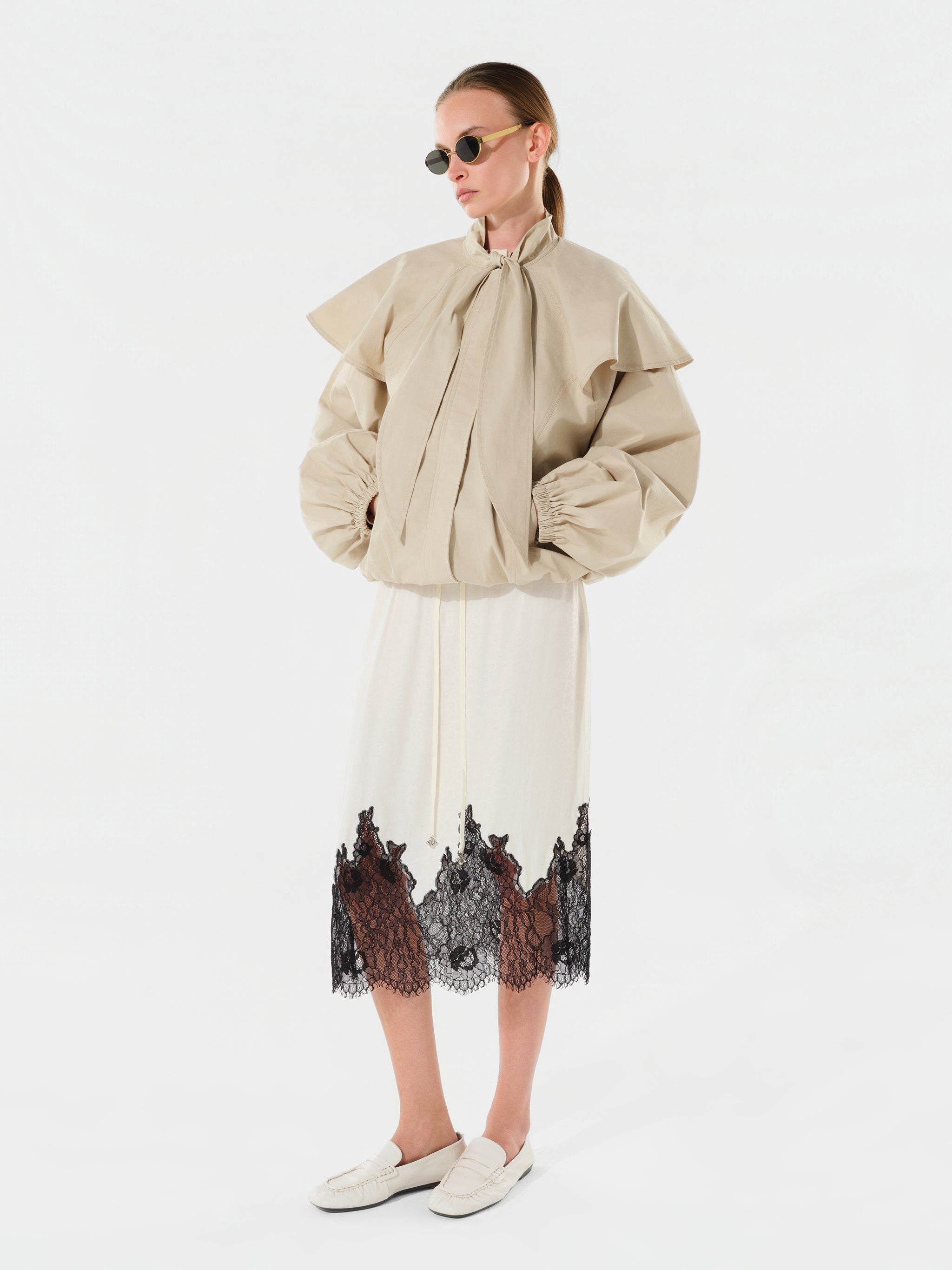 NELL - Satin lace trimmed midi skirt