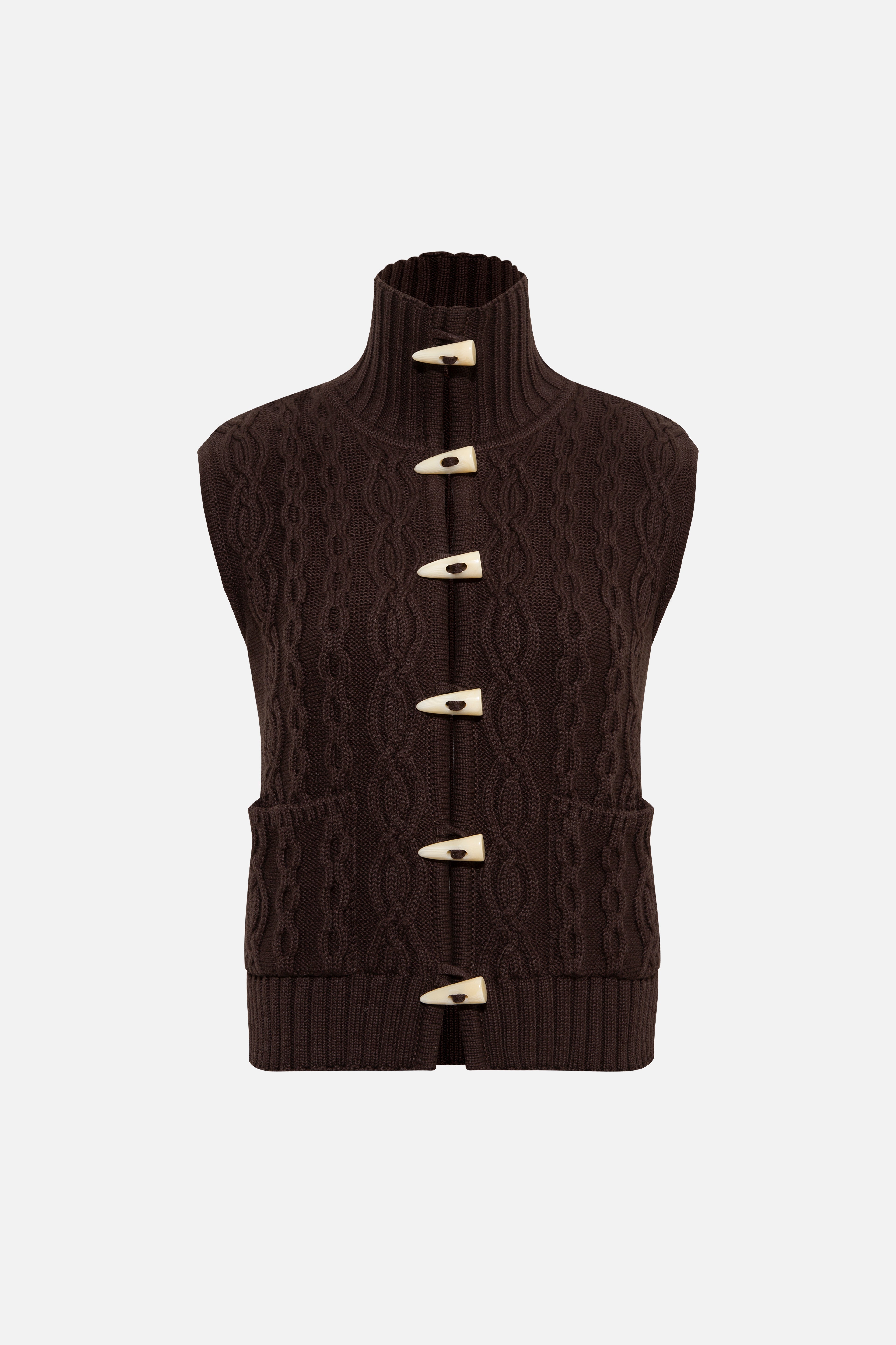 LESNA - High-neck cable knit vest with front pockets