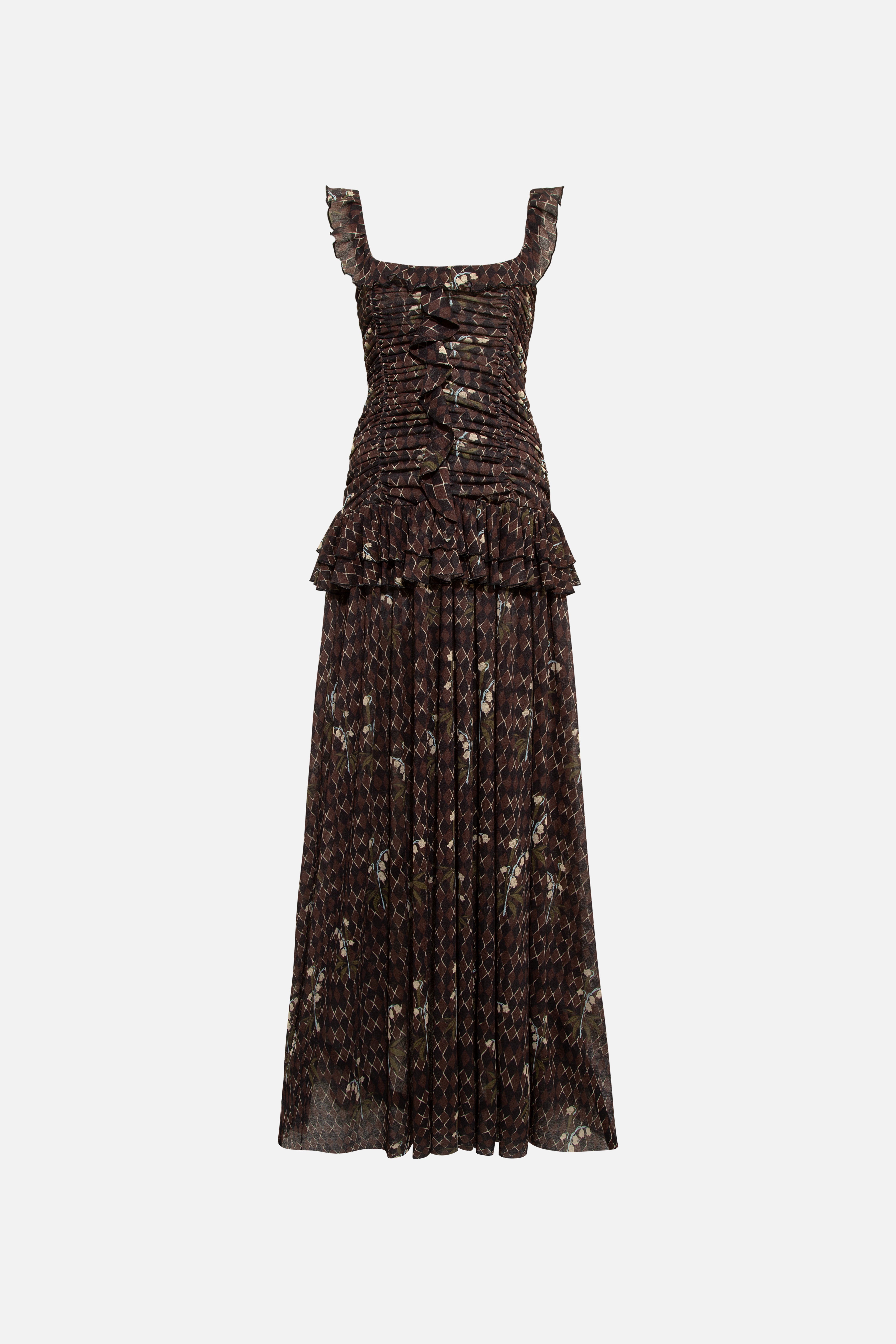 EMILIA - Ruched printed mesh maxi dress