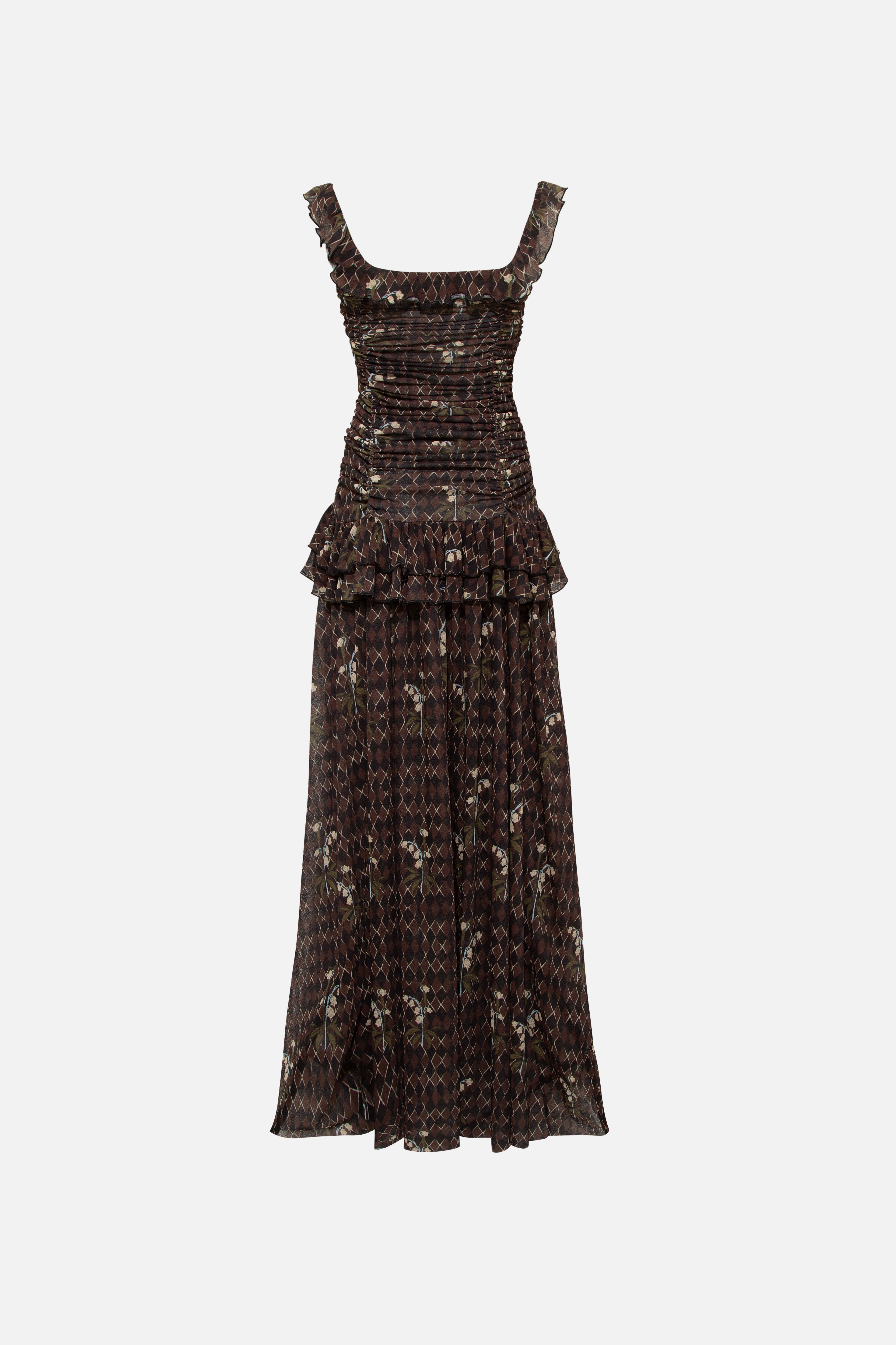 EMILIA - Ruched printed mesh maxi dress