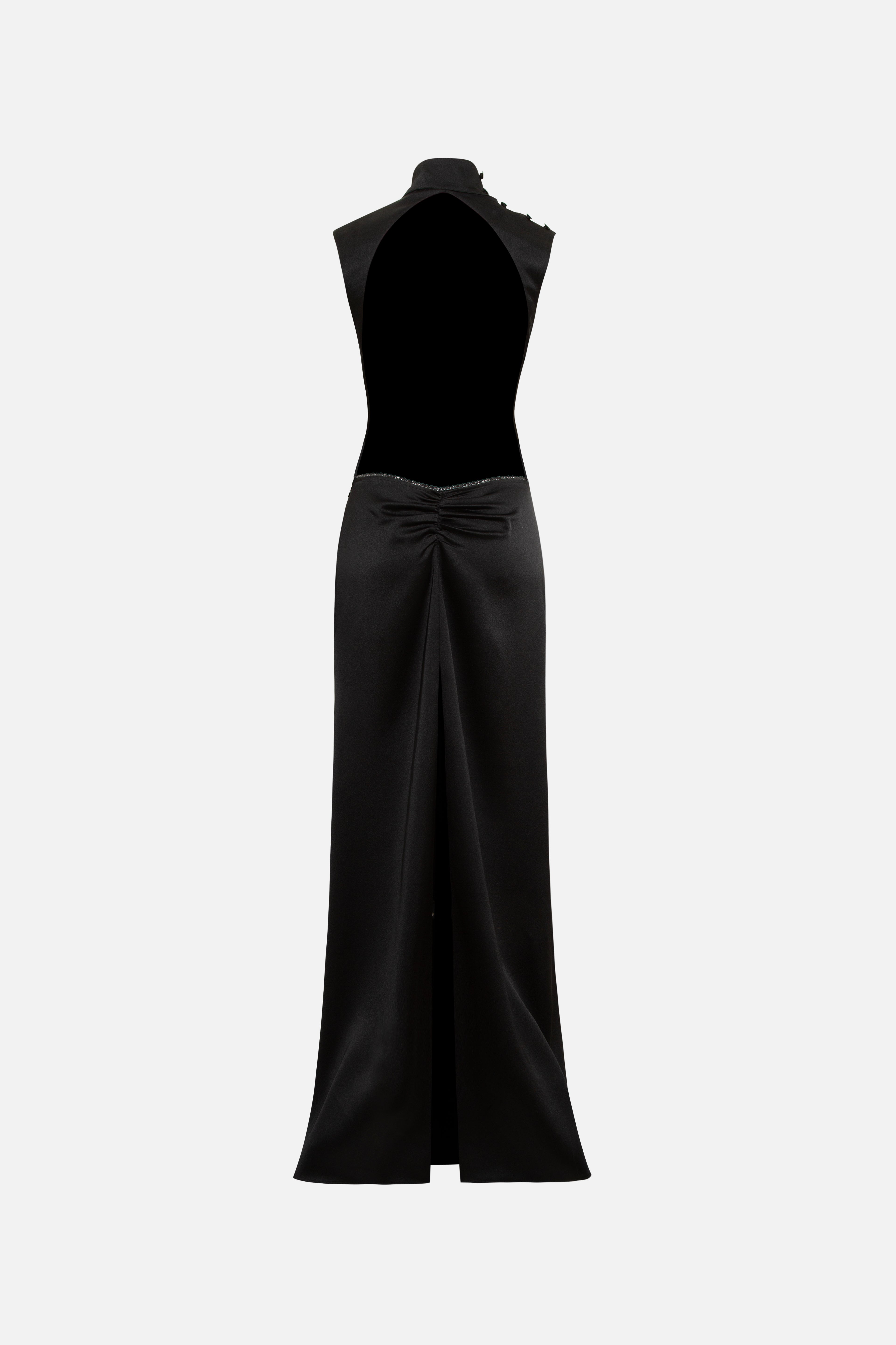 MARGOT - Open-back silver-trimmed satin maxi dress