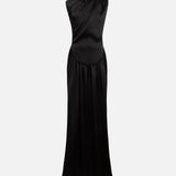 MARGOT - Open-back silver-trimmed satin maxi dress