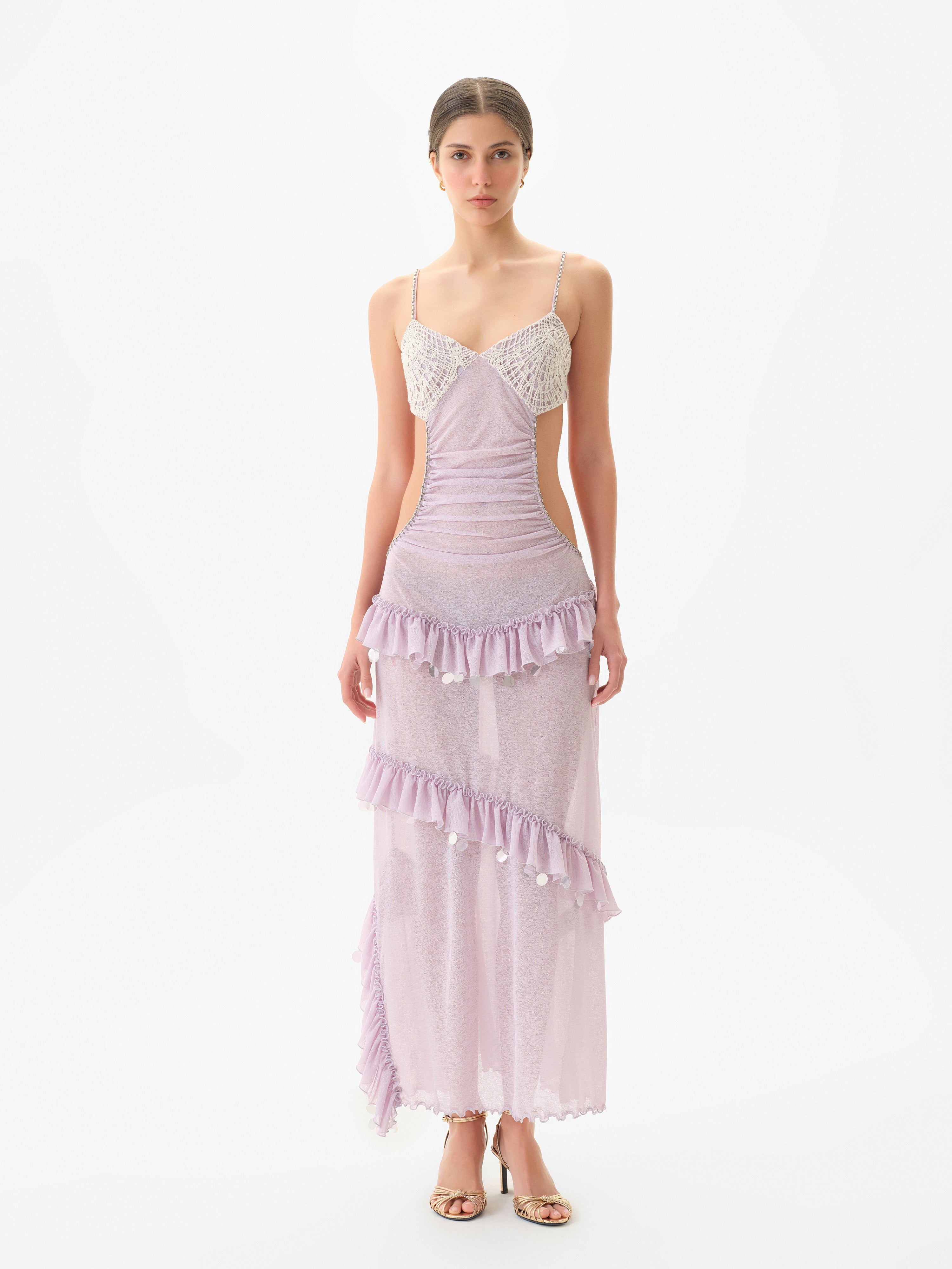 SIGNE - Crochet bust detailed embellished sheer mesh dress