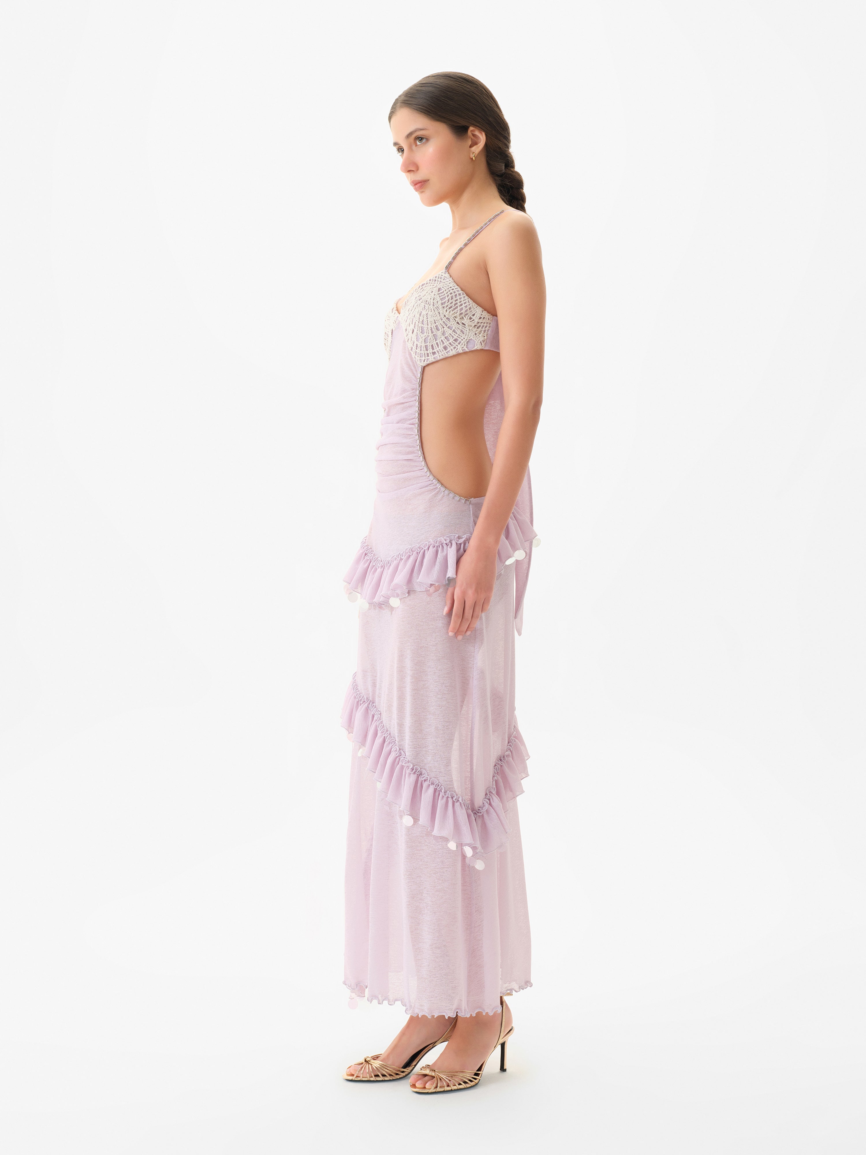 SIGNE - Crochet bust detailed embellished sheer mesh dress