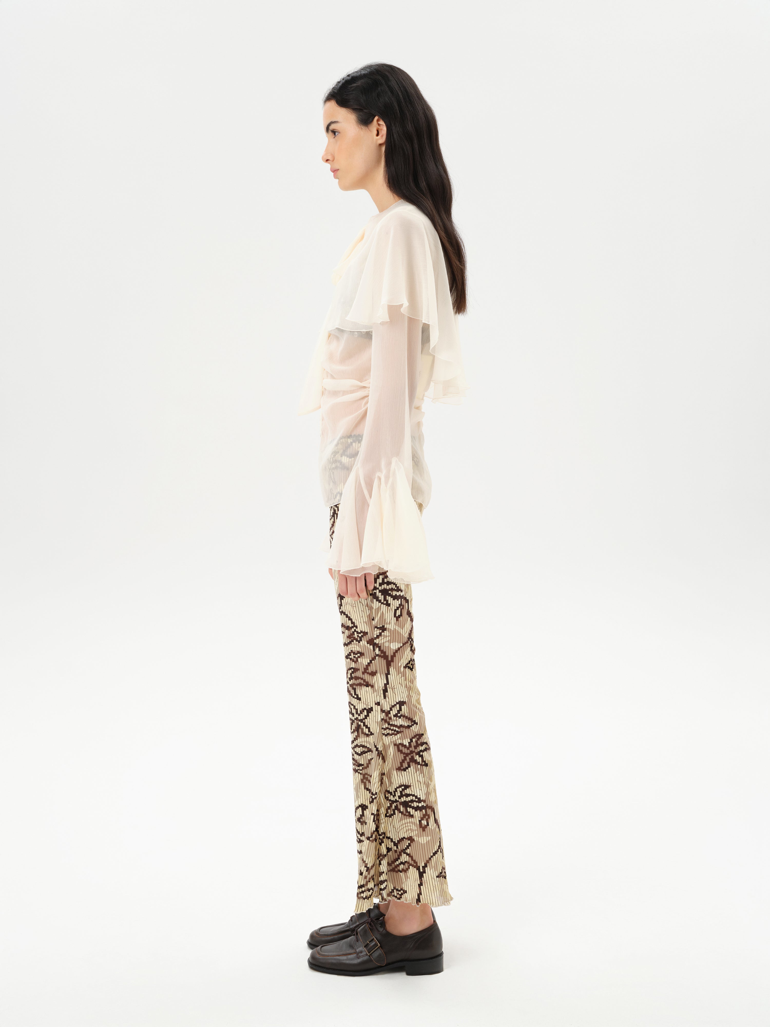 STELLA - Sheer chiffon long-sleeve blouse with  deep V-neck design