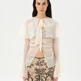 STELLA - Sheer chiffon long-sleeve blouse with  deep V-neck design