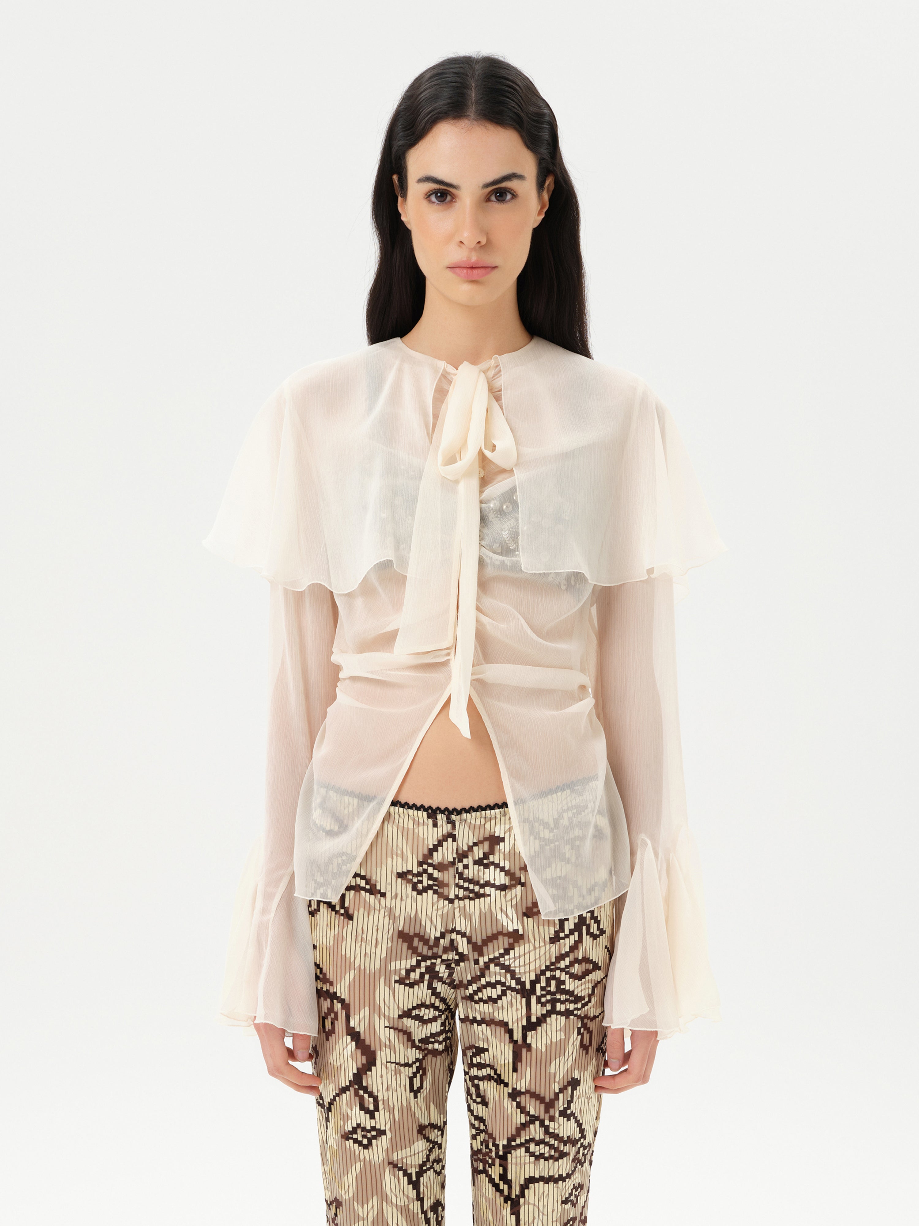 STELLA - Sheer chiffon long-sleeve blouse with  deep V-neck design