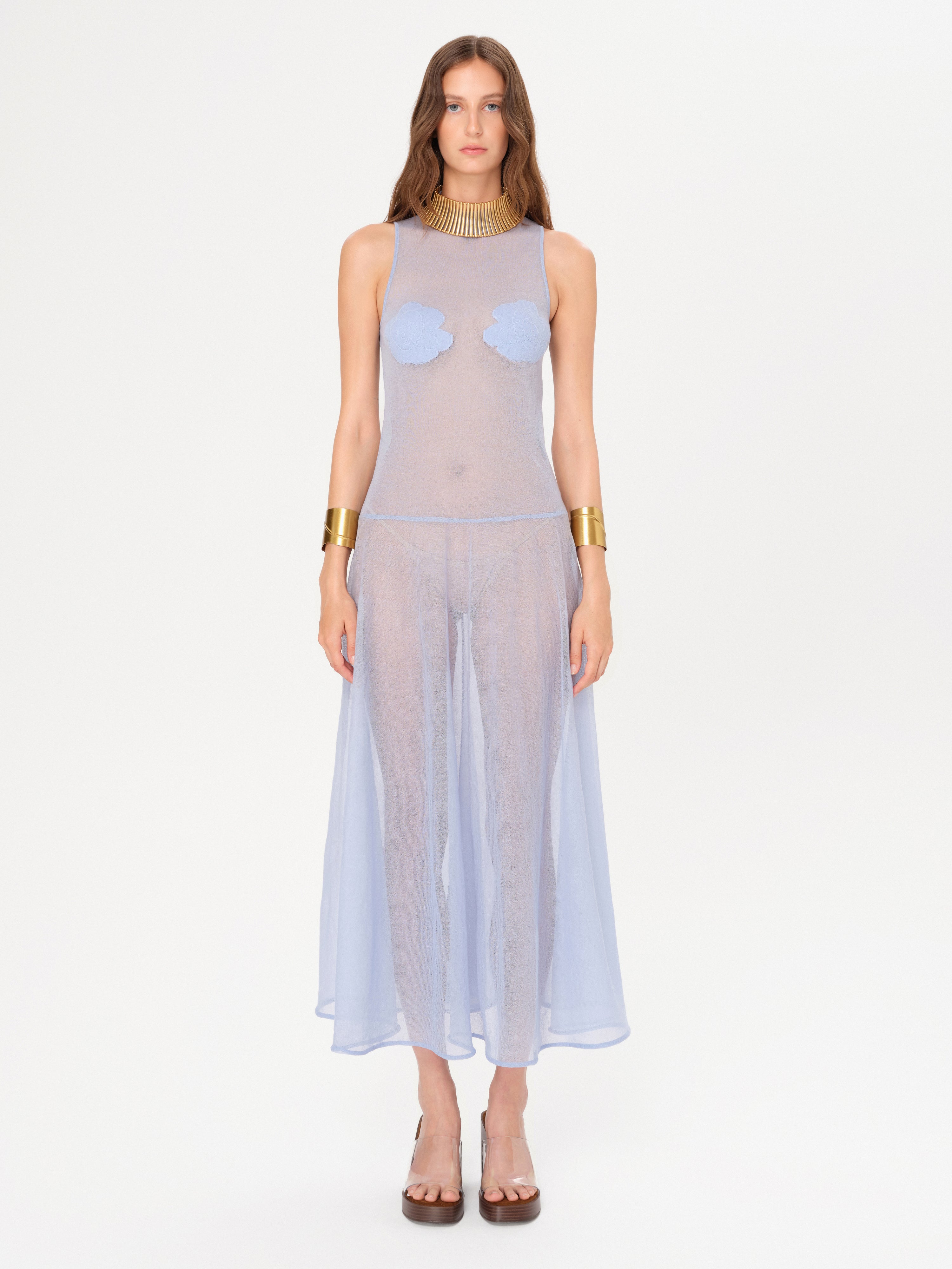 SINA - Mock neck jacquard flower detailed sheer knit dress