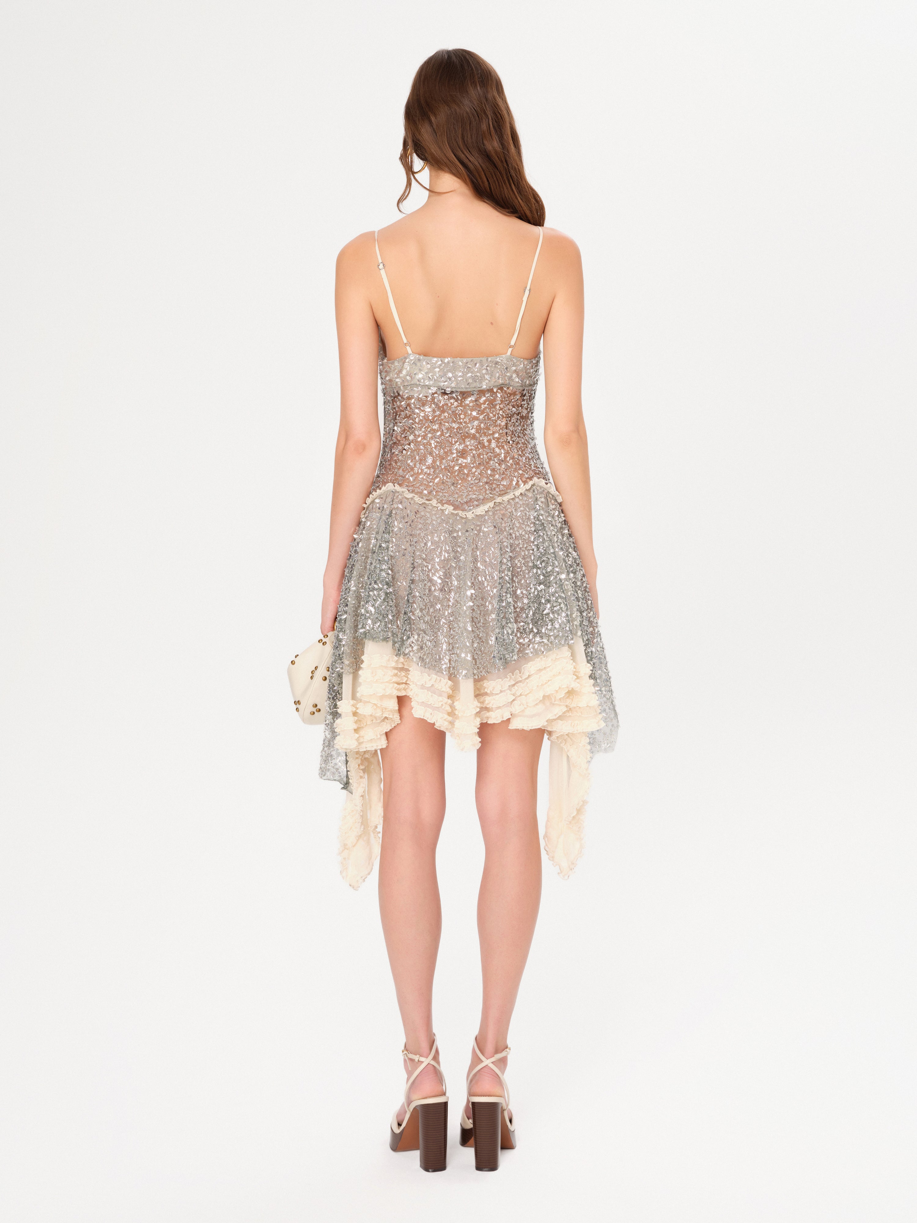 MILEY - Asymmetric sequined mini dress with lace layer