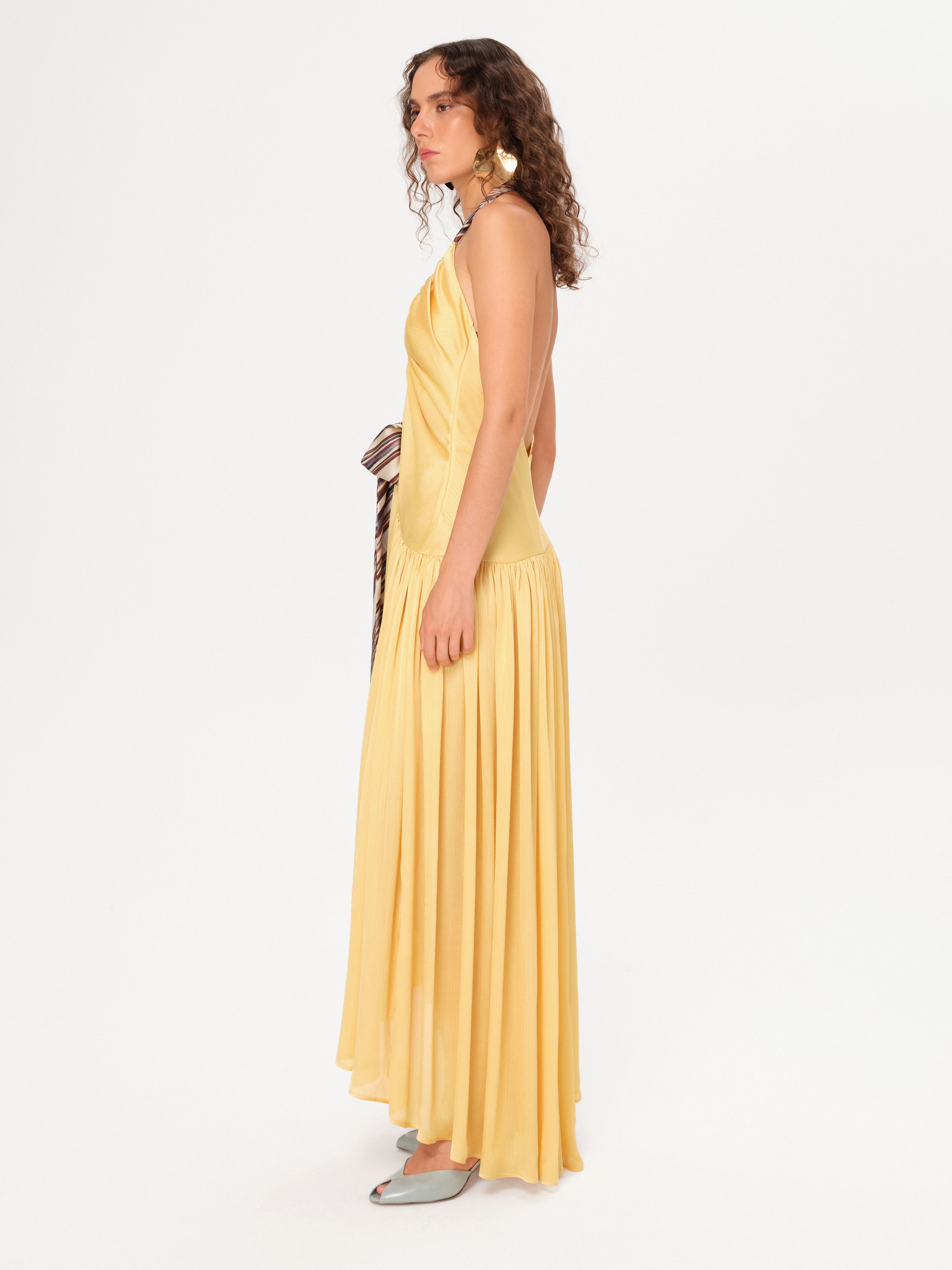 LIESSA - Deep V-neck midi dress with printed tie