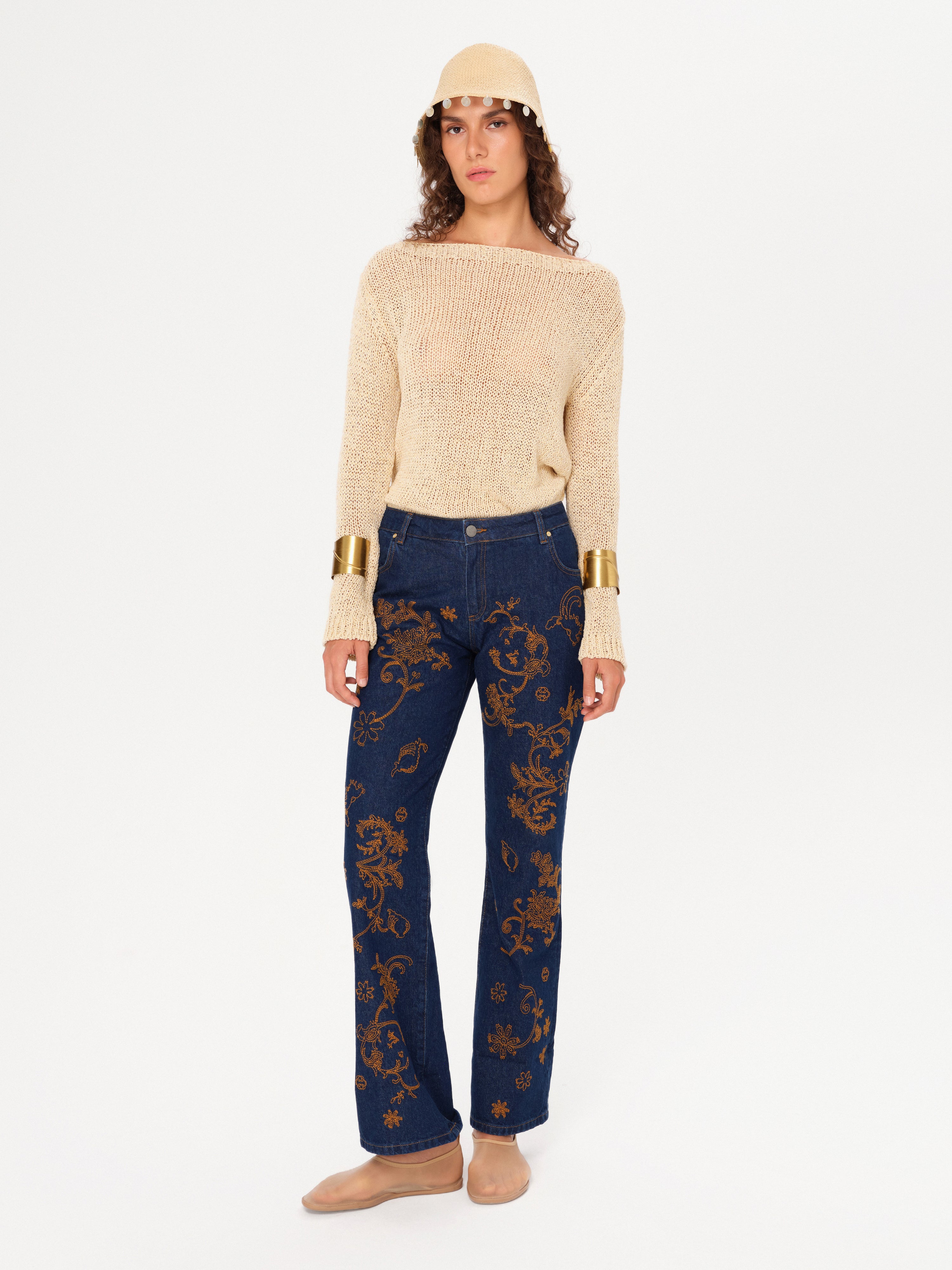 GILBERTE - Embellished wide-leg jeans with a cuffed hemline