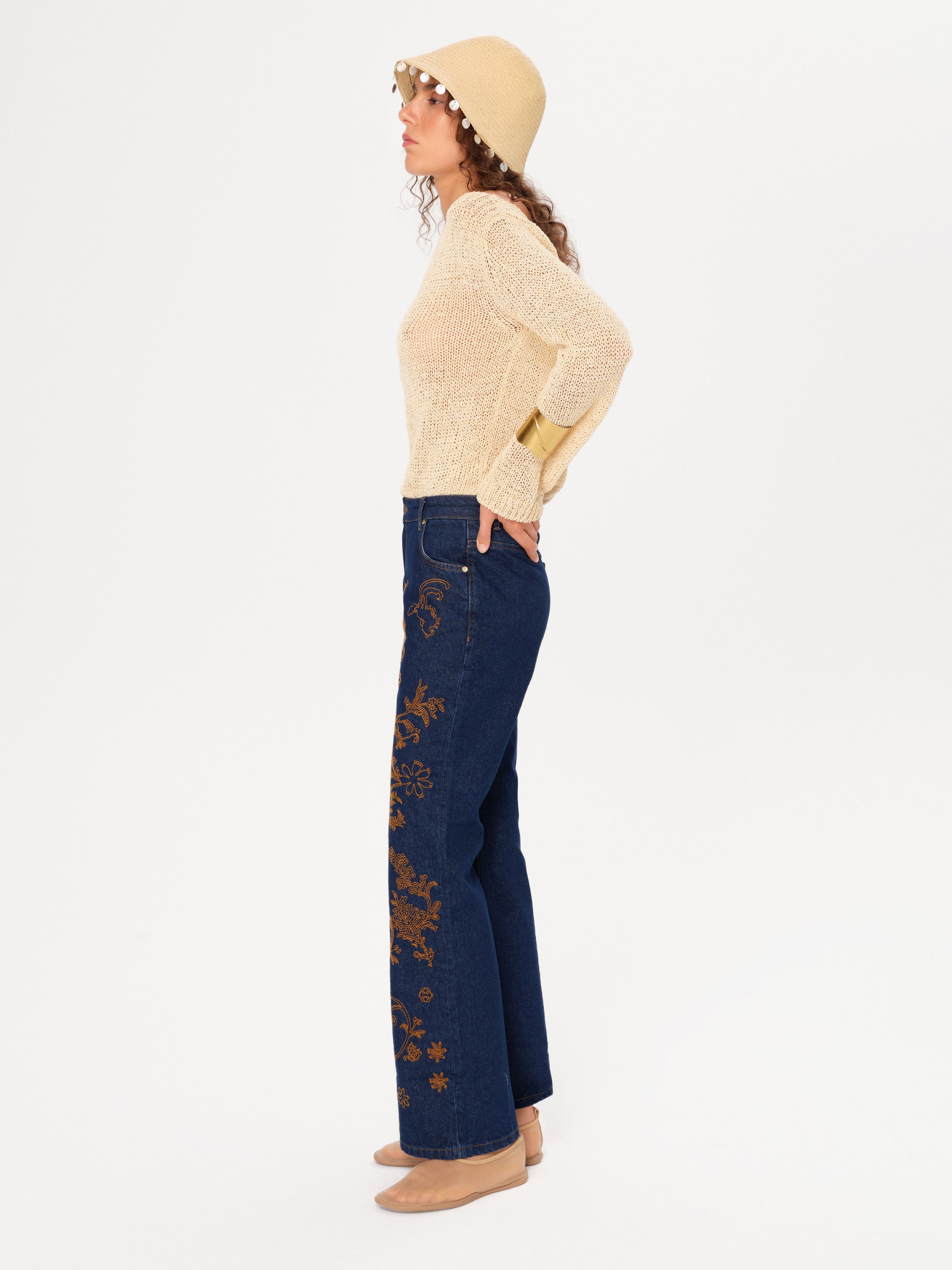 GILBERTE - Embellished wide-leg jeans with a cuffed hemline