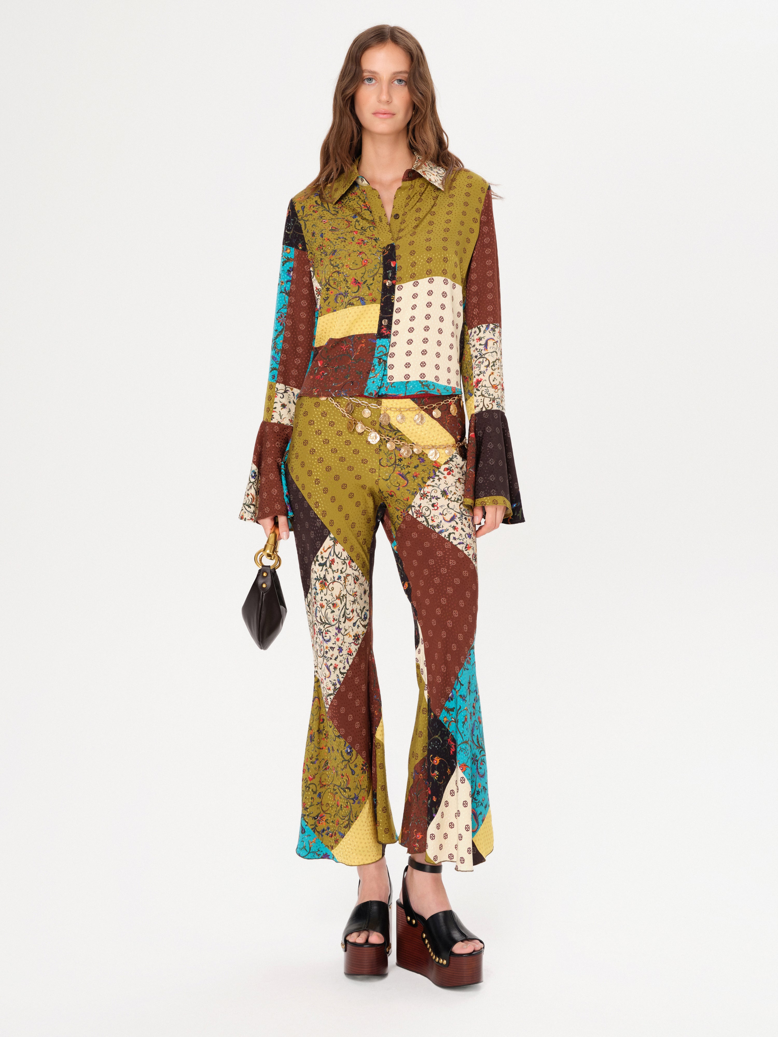 MORA - Patchwork-printed fluted sleeve cropped shirt