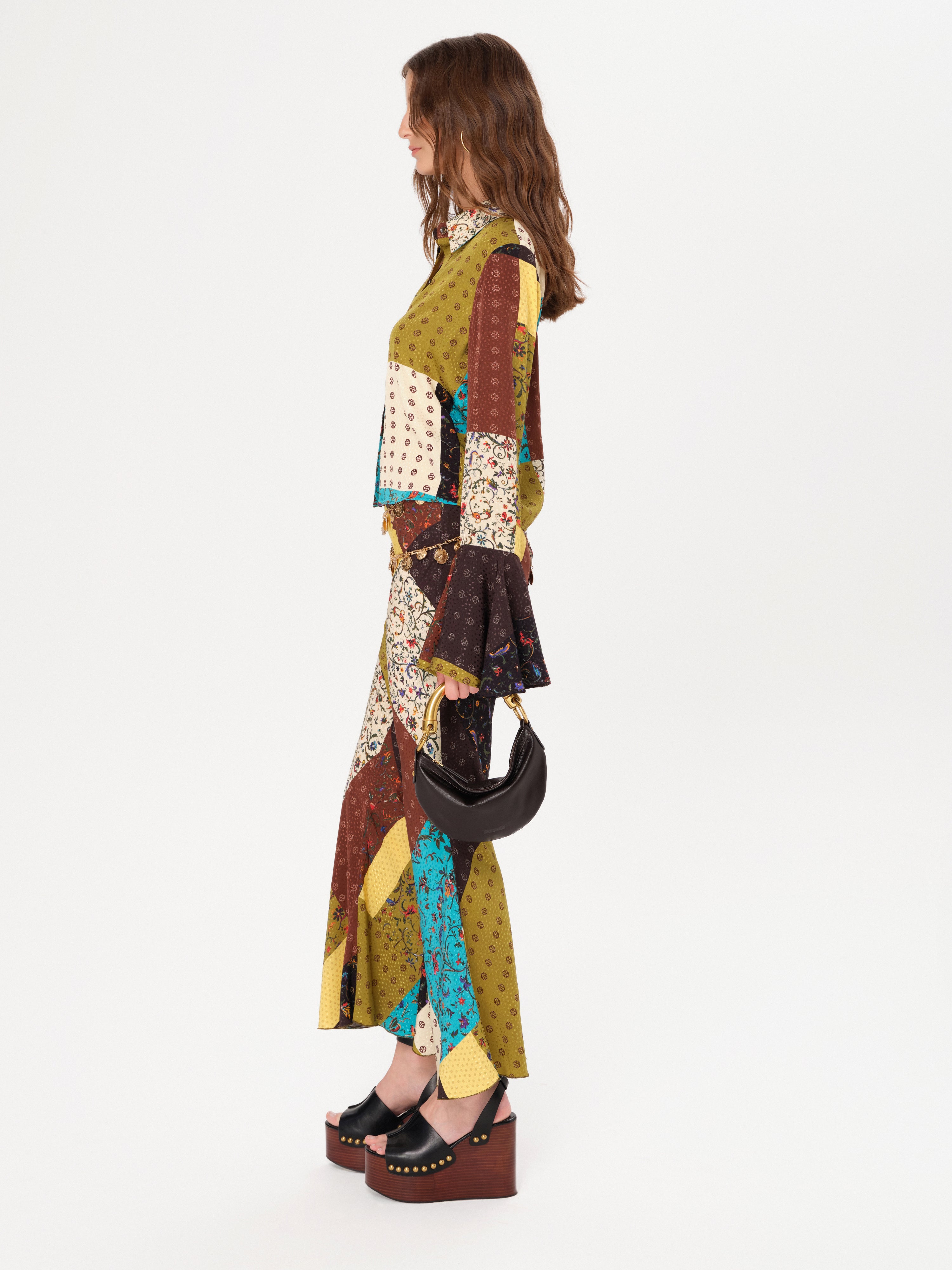 MORA - Patchwork-printed fluted sleeve cropped shirt