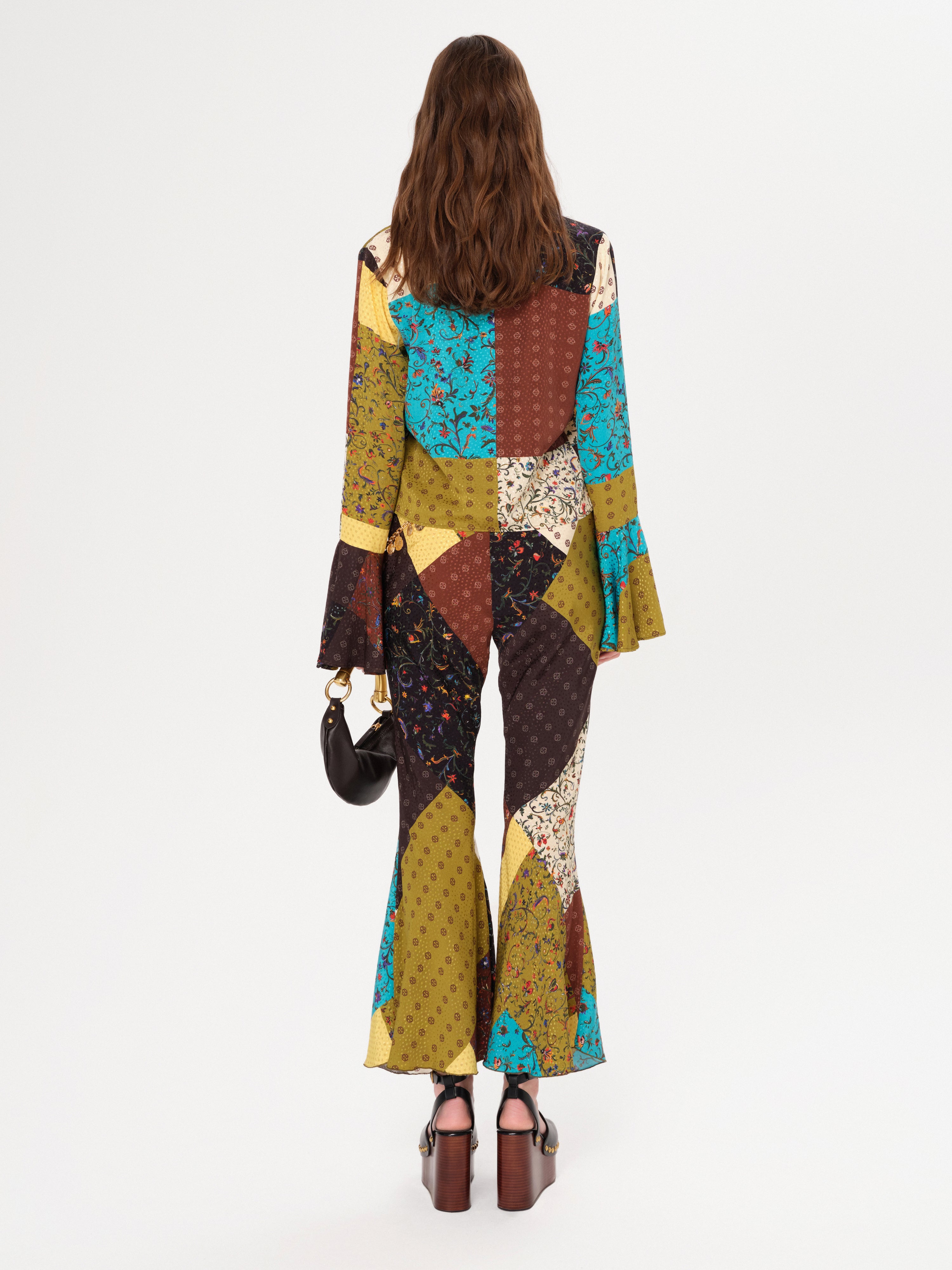 MORA - Patchwork-printed fluted sleeve cropped shirt