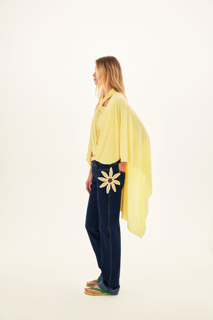SUN - Denim pants with crochet sunflower