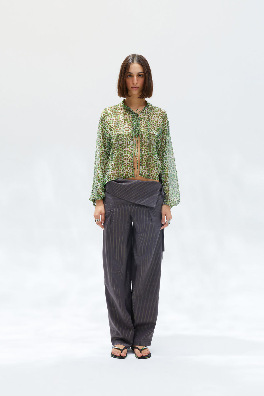 ELISE - Tie-front sheer shirt with bead details