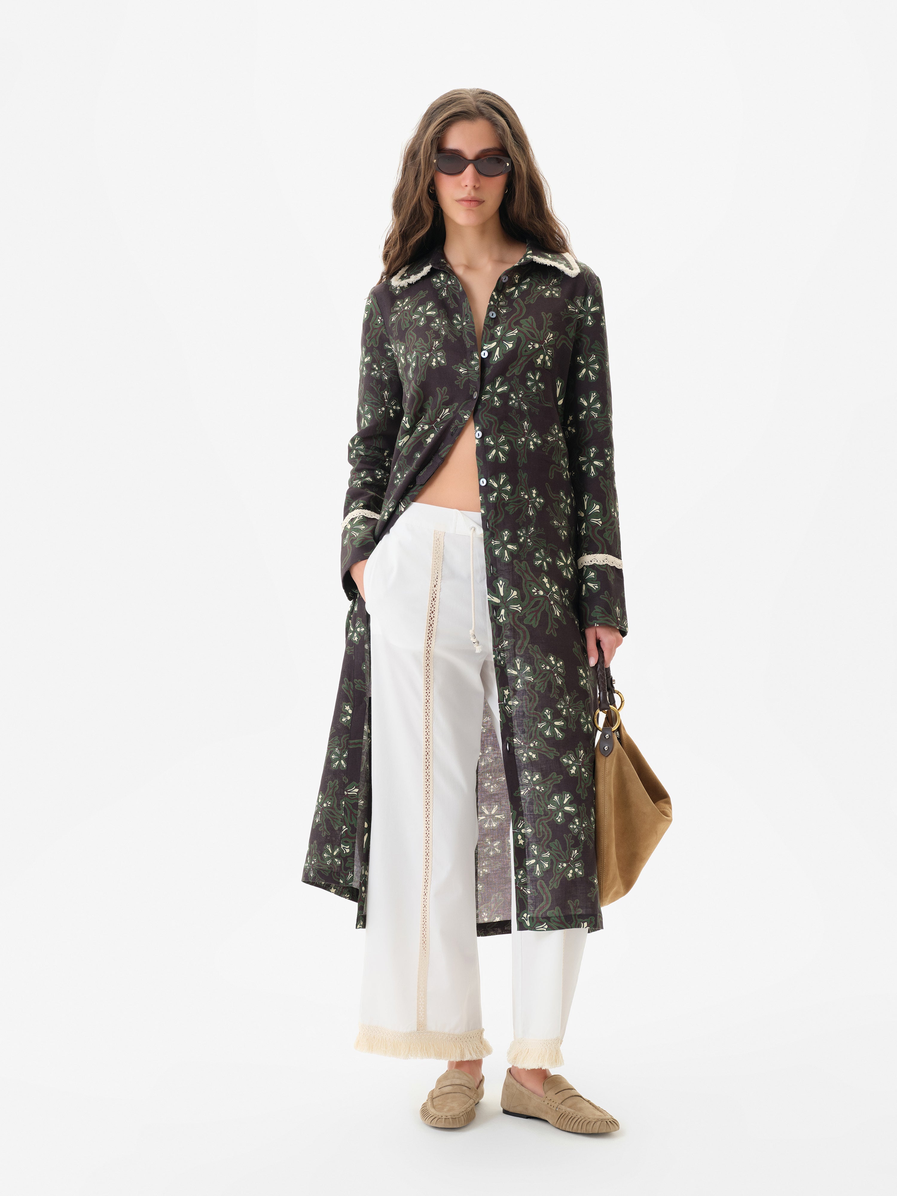 ALINDA - Floral print shirt style linen midi dress with contrast fringe trim