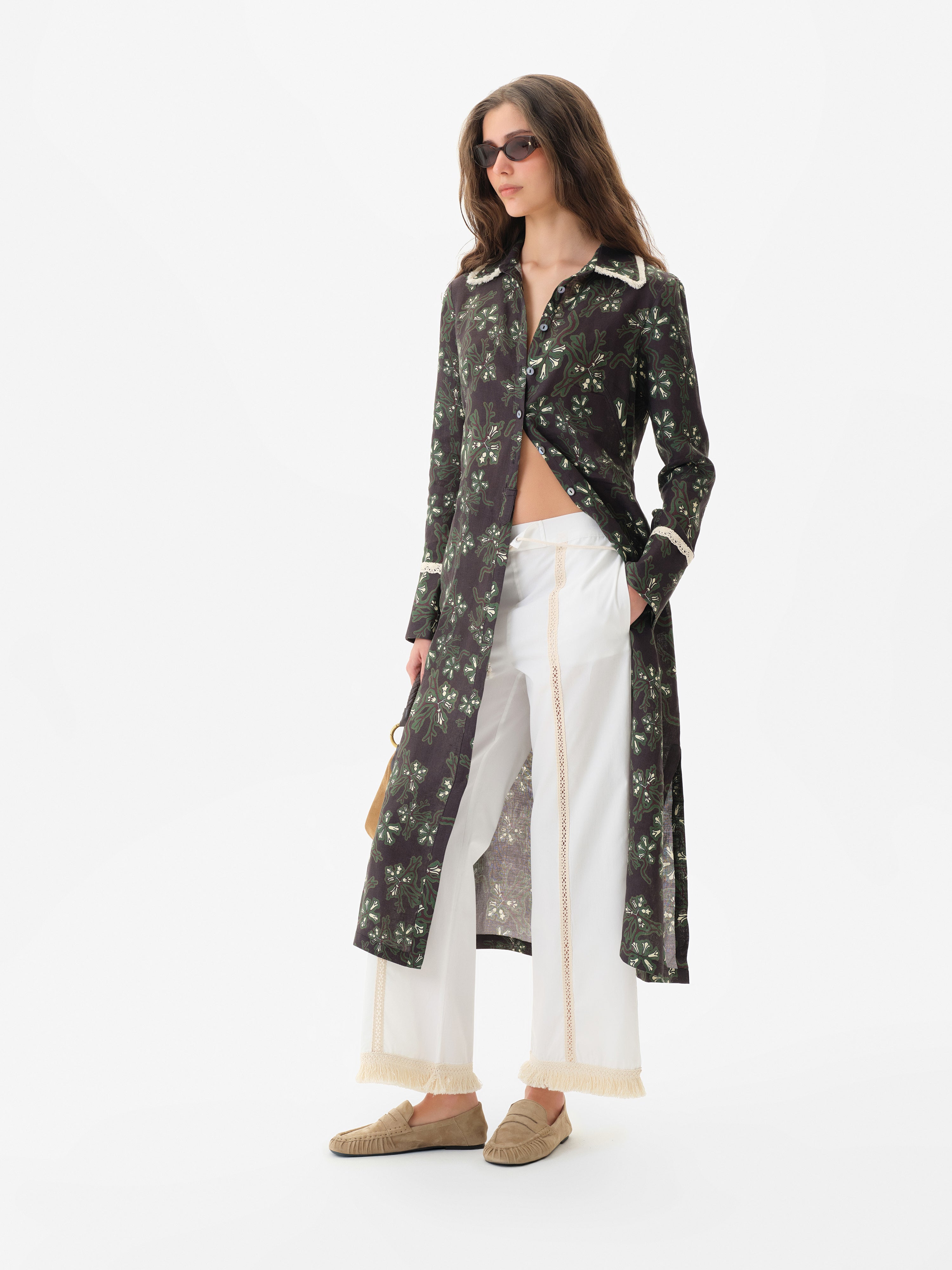 ALINDA - Floral print shirt style linen midi dress with contrast fringe trim