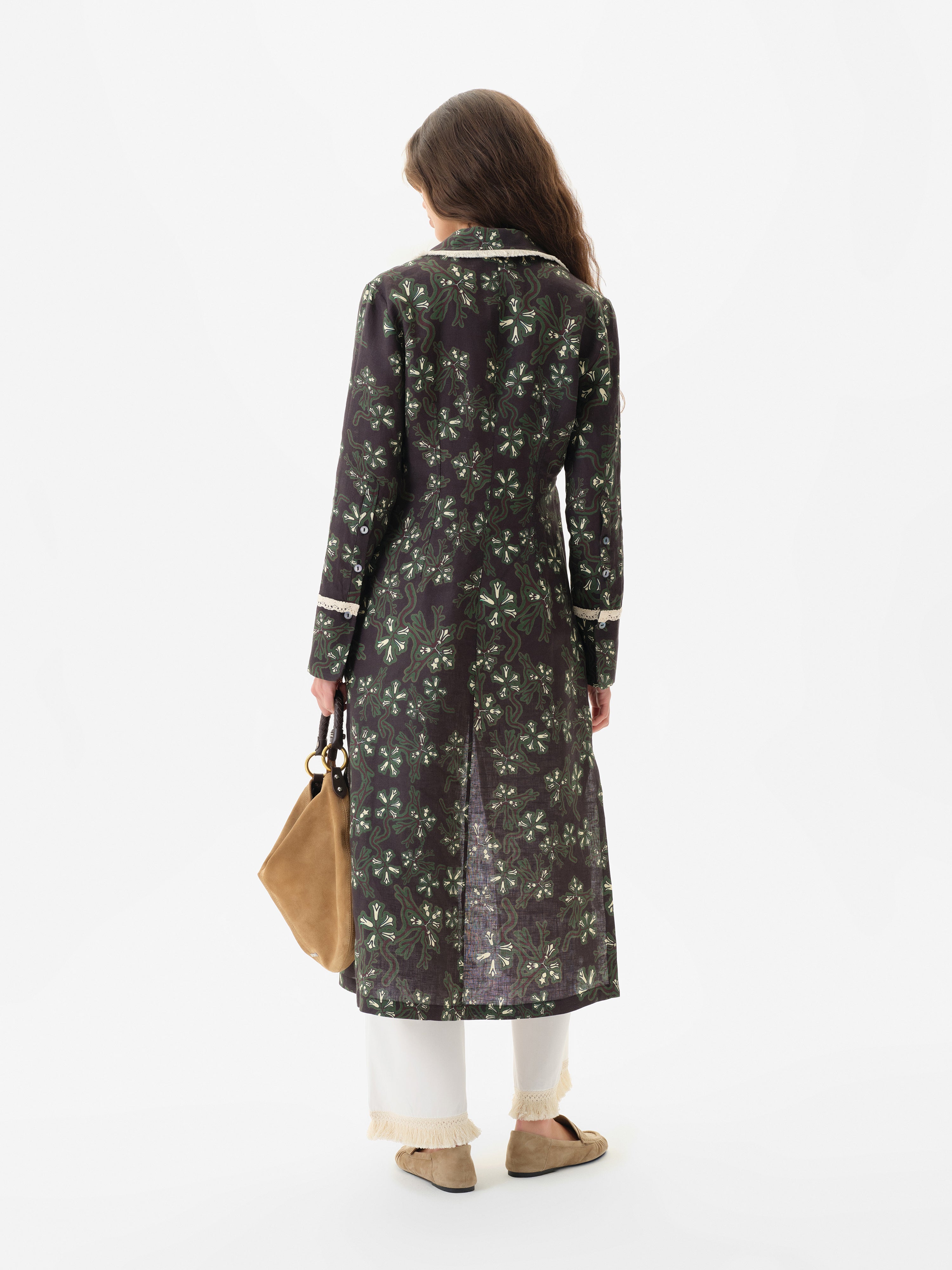 ALINDA - Floral print shirt style linen midi dress with contrast fringe trim