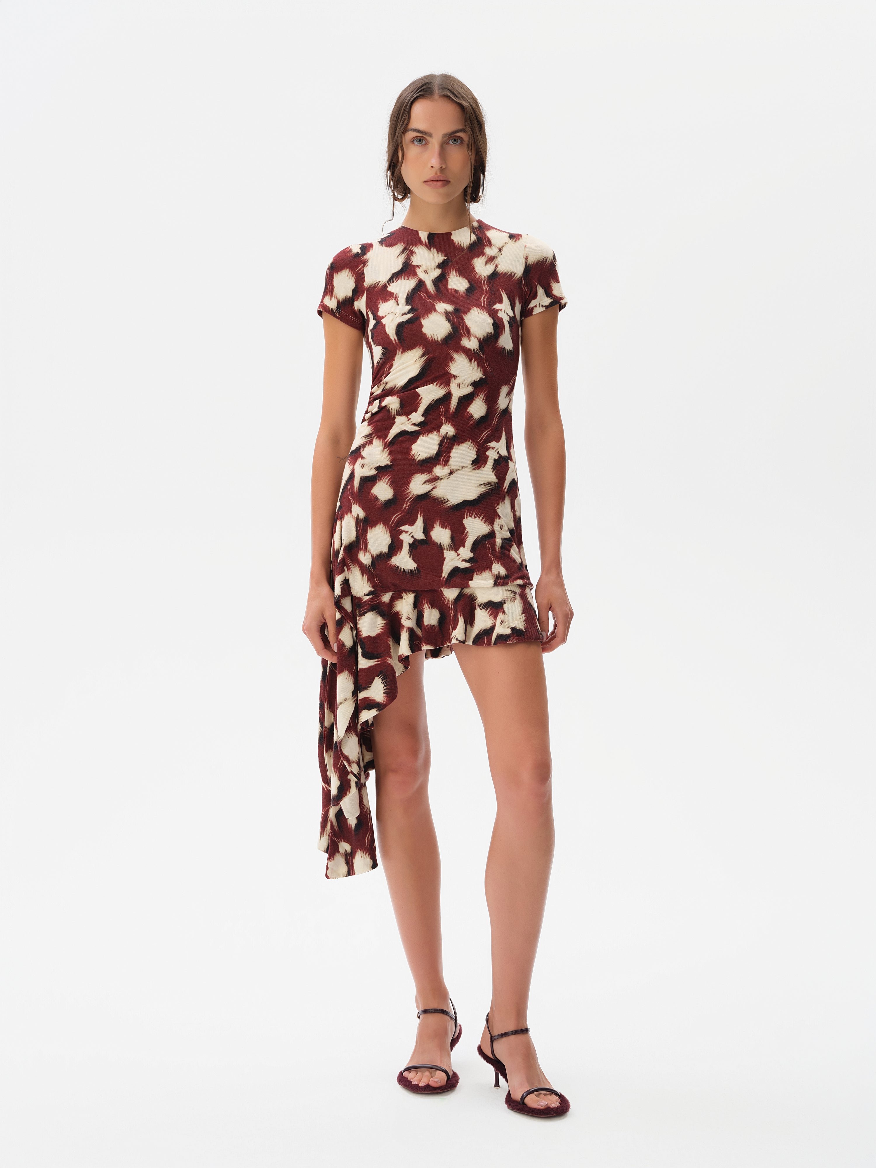 TENAS - Printed jersey dress with side tie and ruffle
