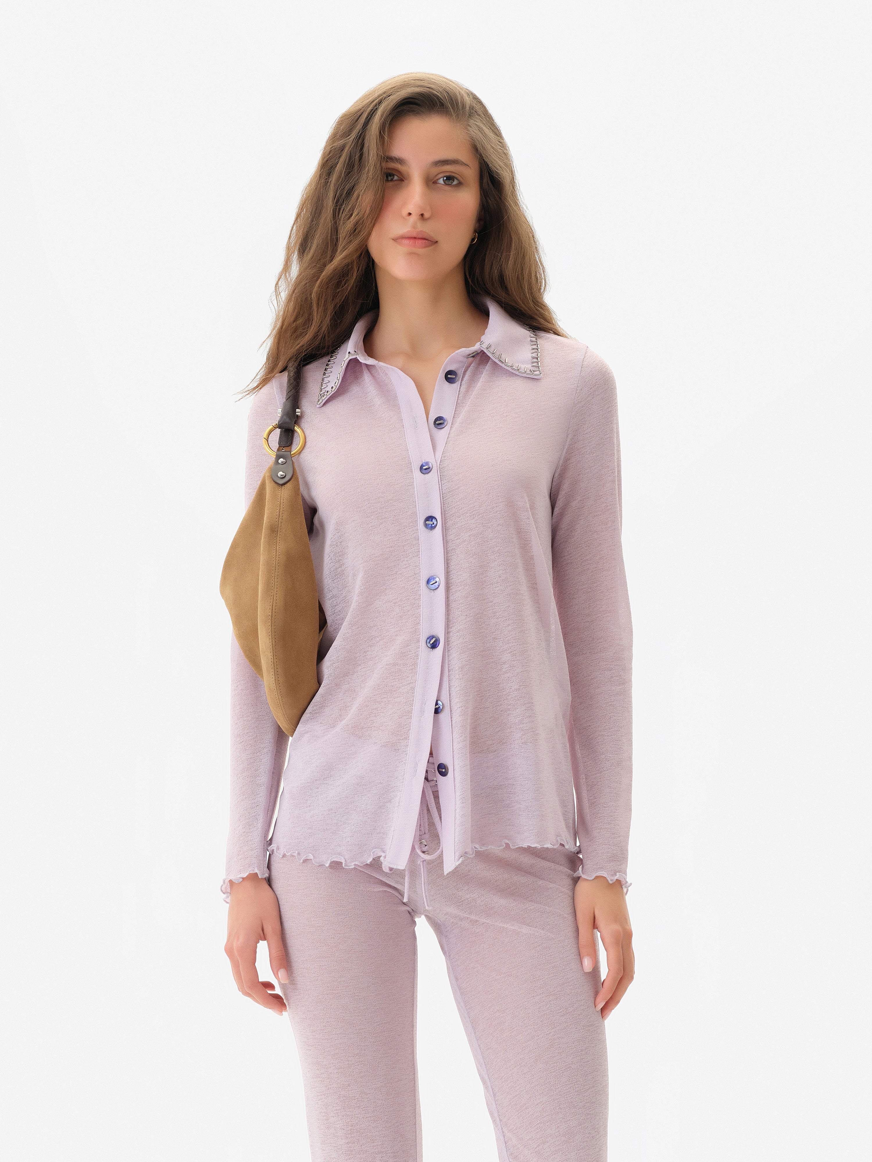 TINA - Embellished long-sleeved semi sheer mesh shirt