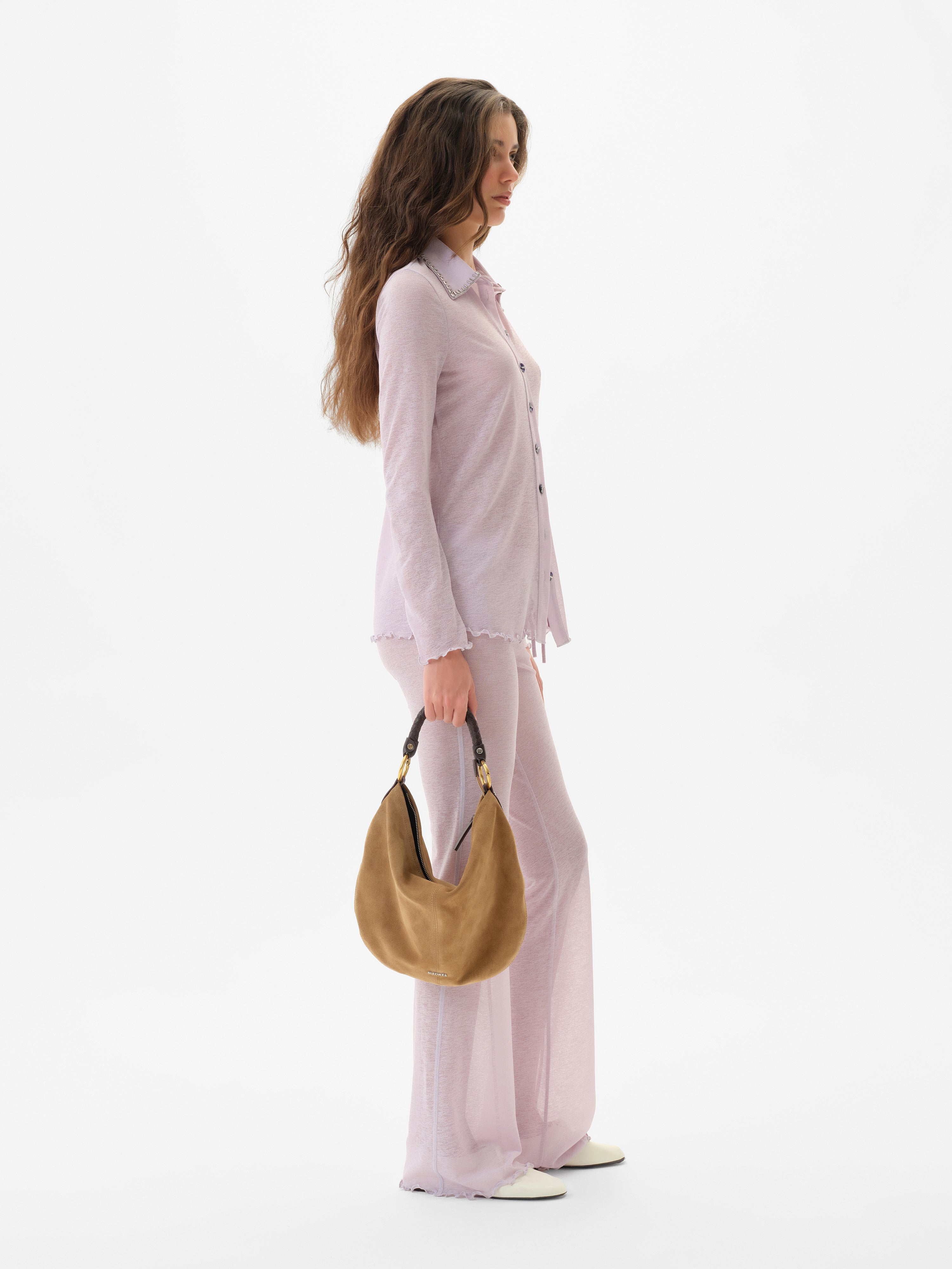 TINA - Embellished long-sleeved semi sheer mesh shirt