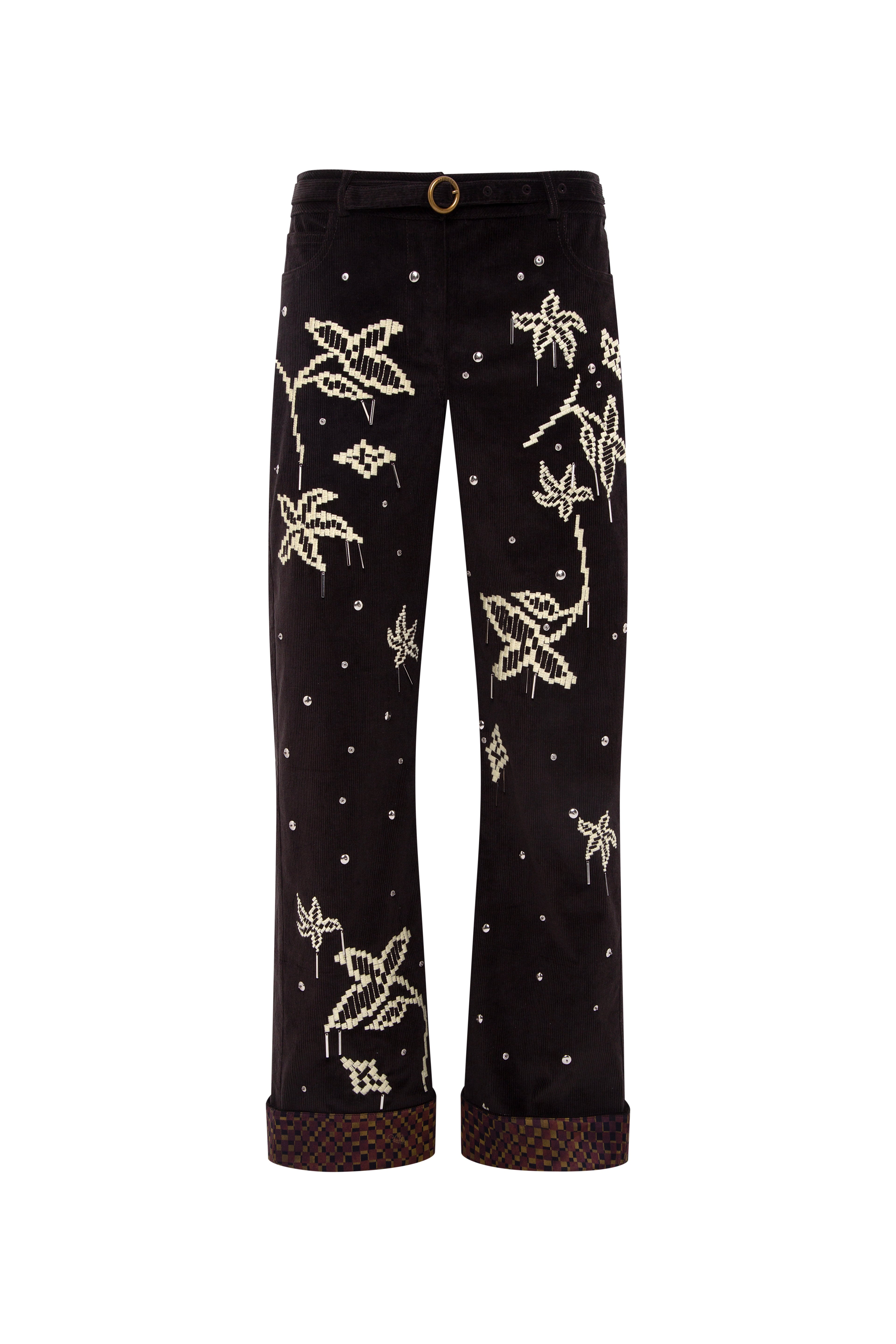 VERA - Low-rise corduroy pants with all-over embroidery