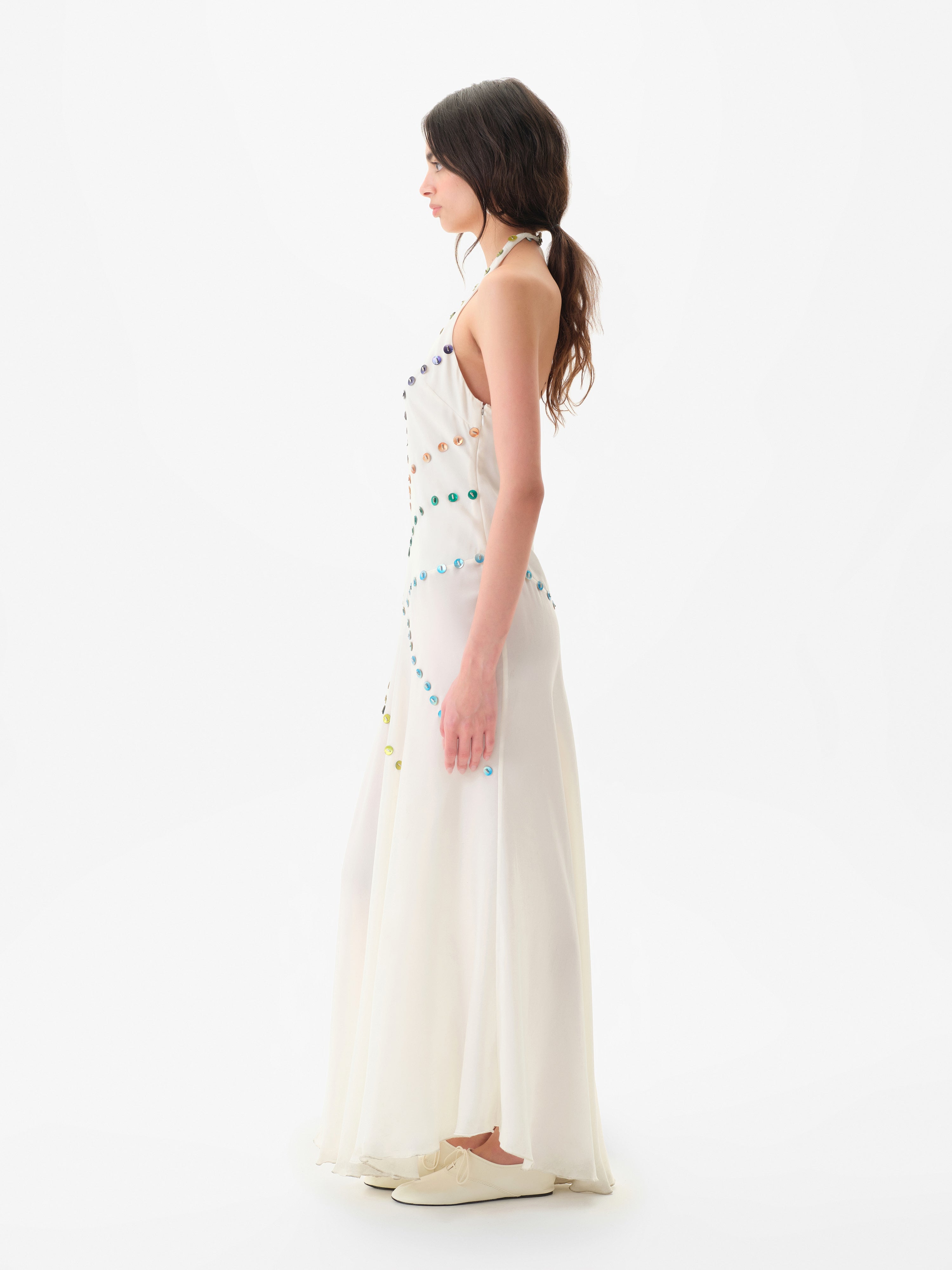VICKA - Satin maxi dress with multicolored bead embroidery