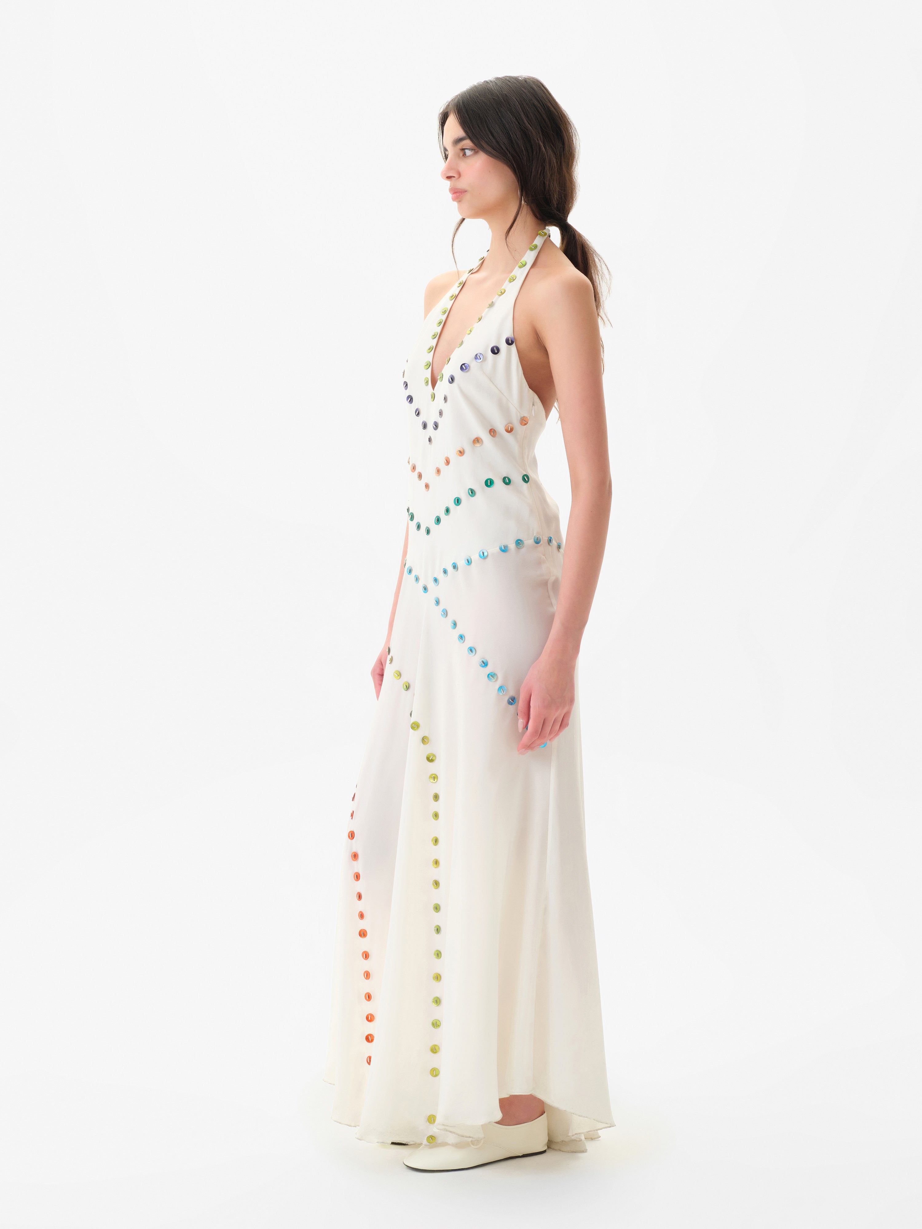 VICKA - Satin maxi dress with multicolored bead embroidery