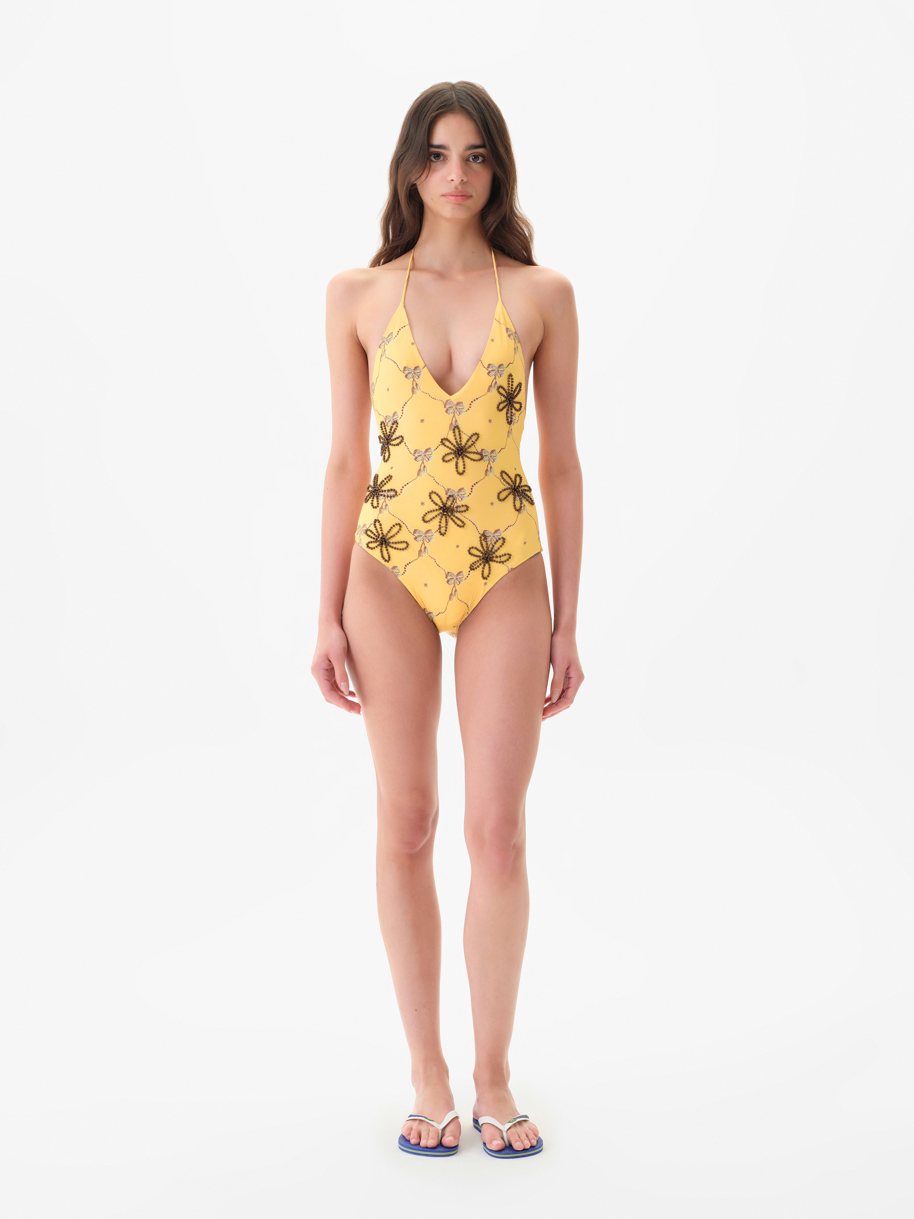 SOLENA - Embroidered floral halterneck swimsuit