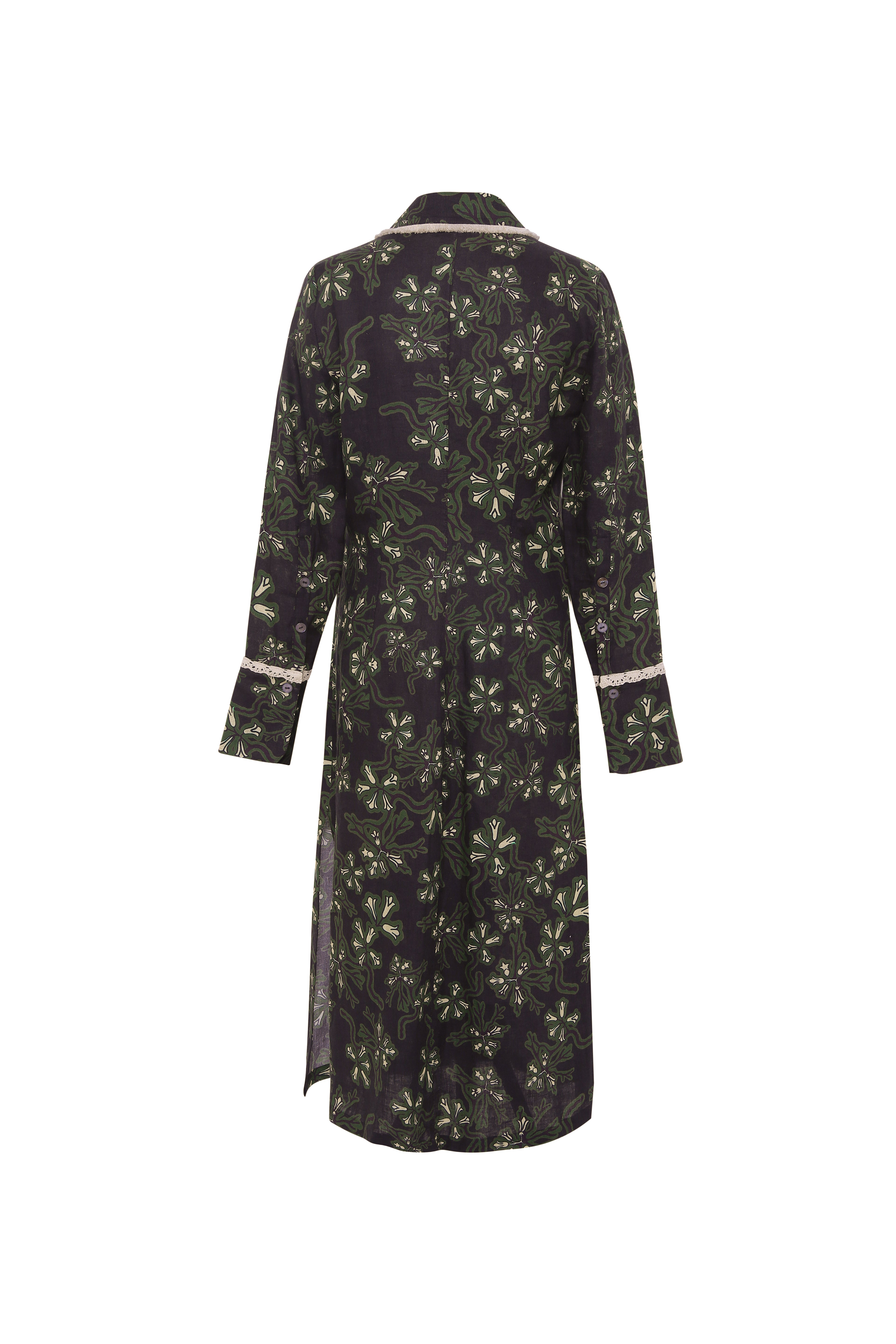 ALINDA - Floral print shirt style linen midi dress with contrast fringe trim by SIEDRS | Official website ALINDA - Floral print shirt style linen midi dress with contrast fringe trim by SIEDRS | Official website
