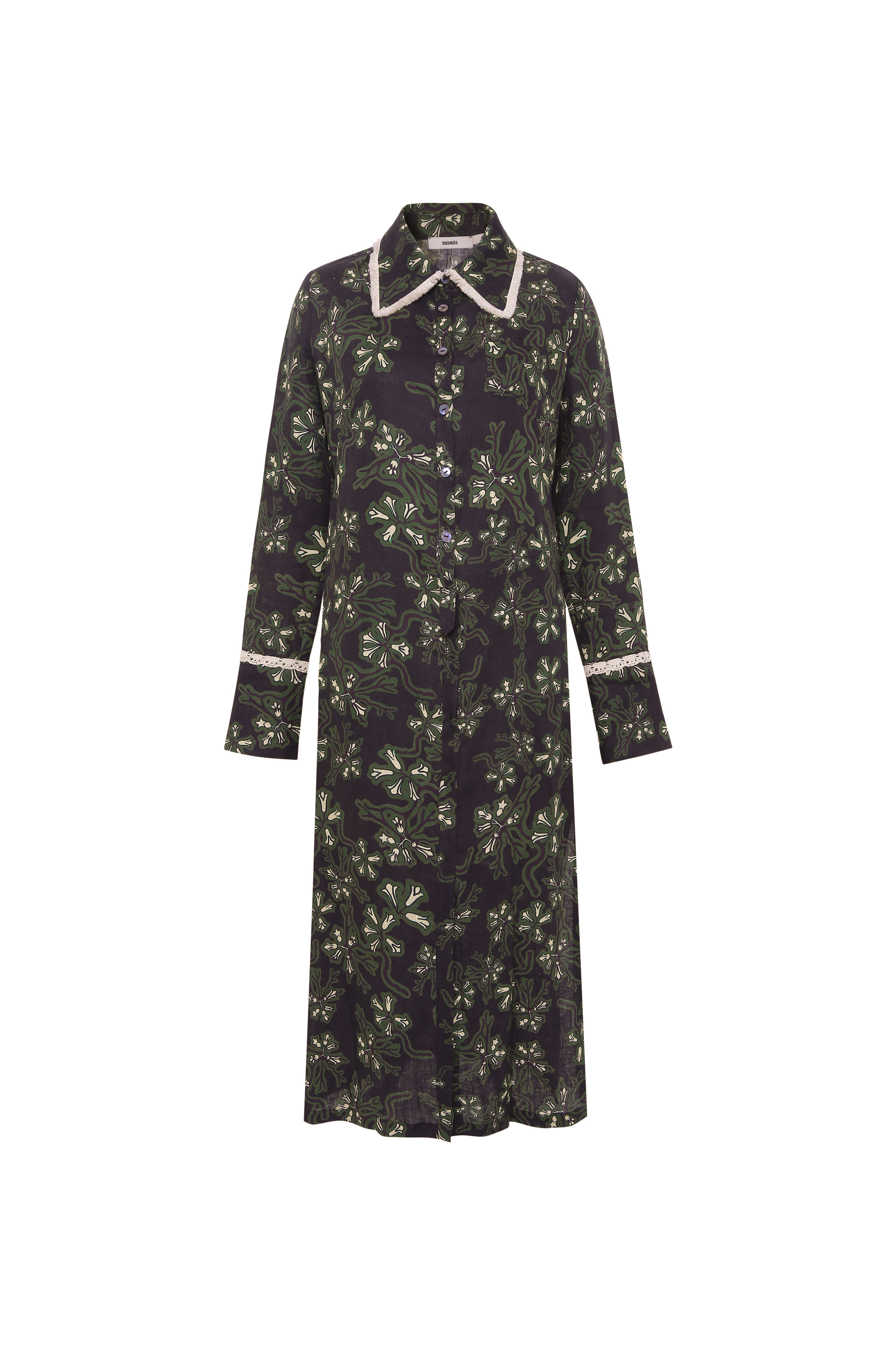 ALINDA - Floral print shirt style linen midi dress with contrast fringe trim