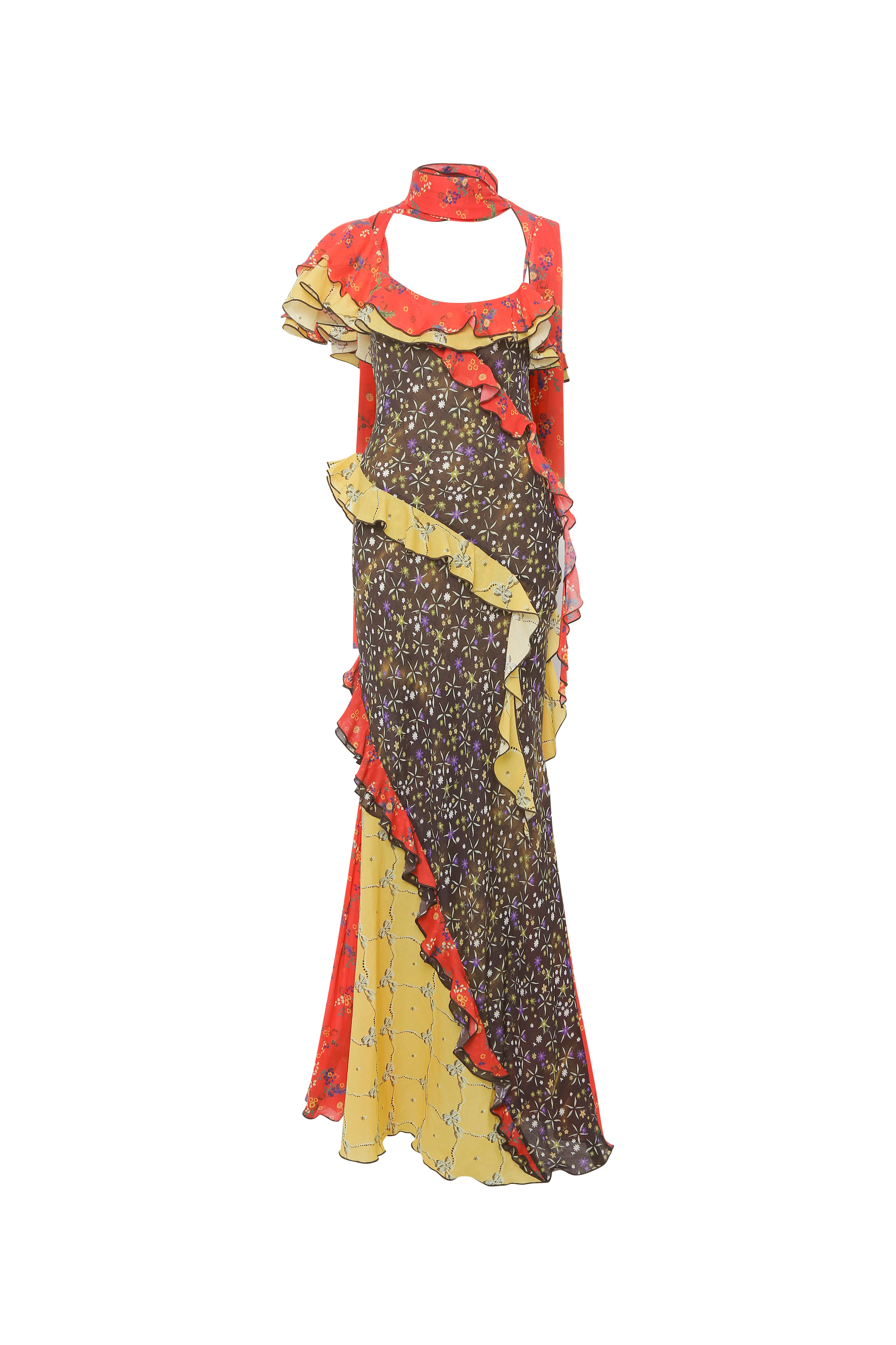 MONICA - Ruffled voile maxi dress with scarf detail